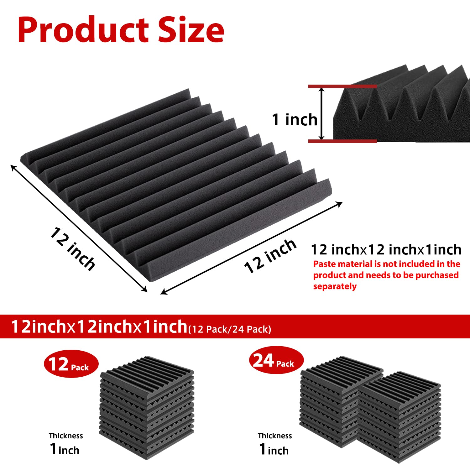 FONESO Acoustic Panels, High Density Soundproof Foam Panels for Walls, Sound Absorbing Panels, Acoustic Foam Panels Fire Resistant for Studio Recording (Black, 1″x12″x12″ 48Pack)