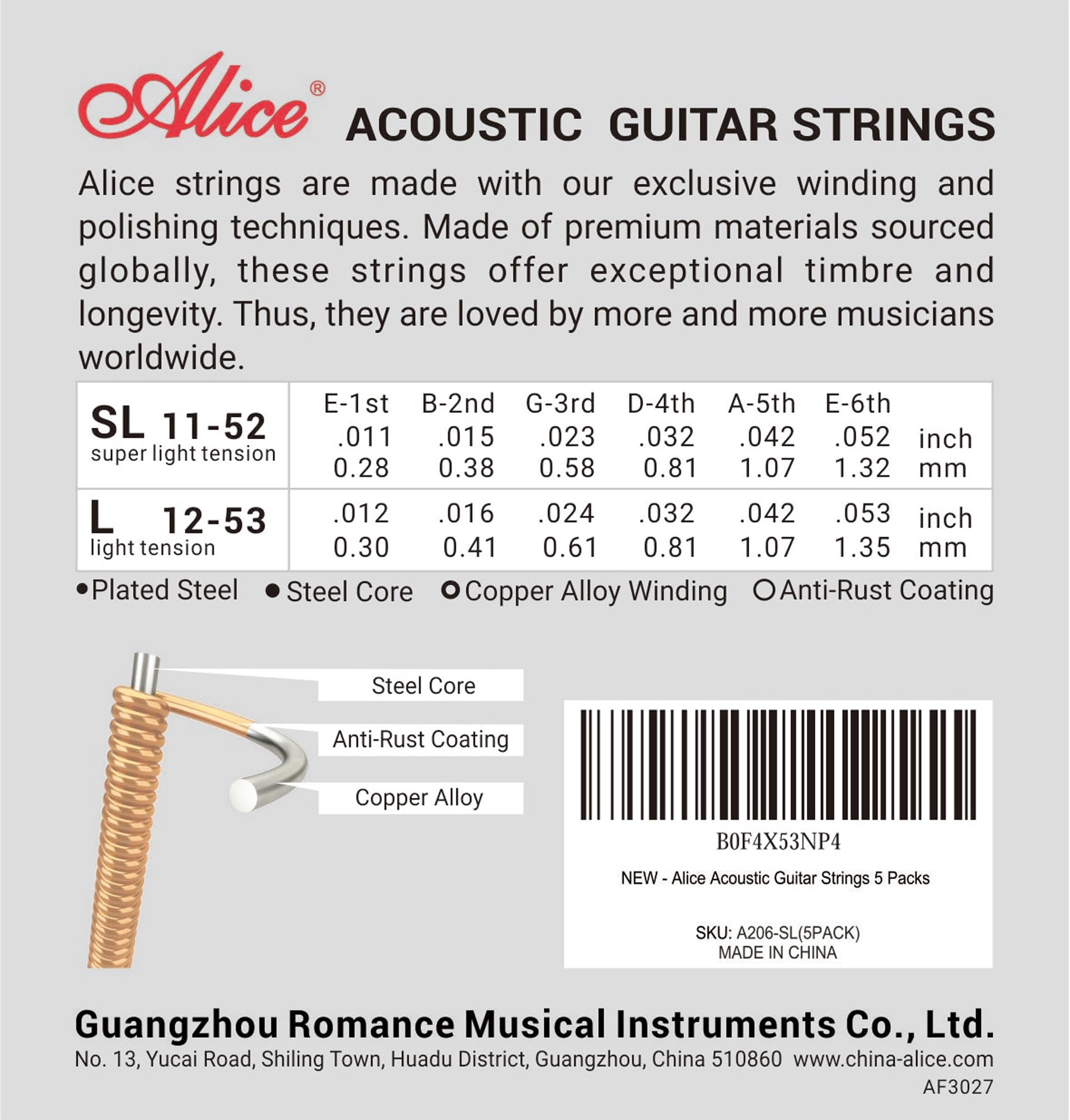 Alice Acoustic Guitar Strings Set – 6-String for Beginner, Briliant Steel Copper Alloy in Phosphor Bronze Color, 5 Packs (A206 Super Light)