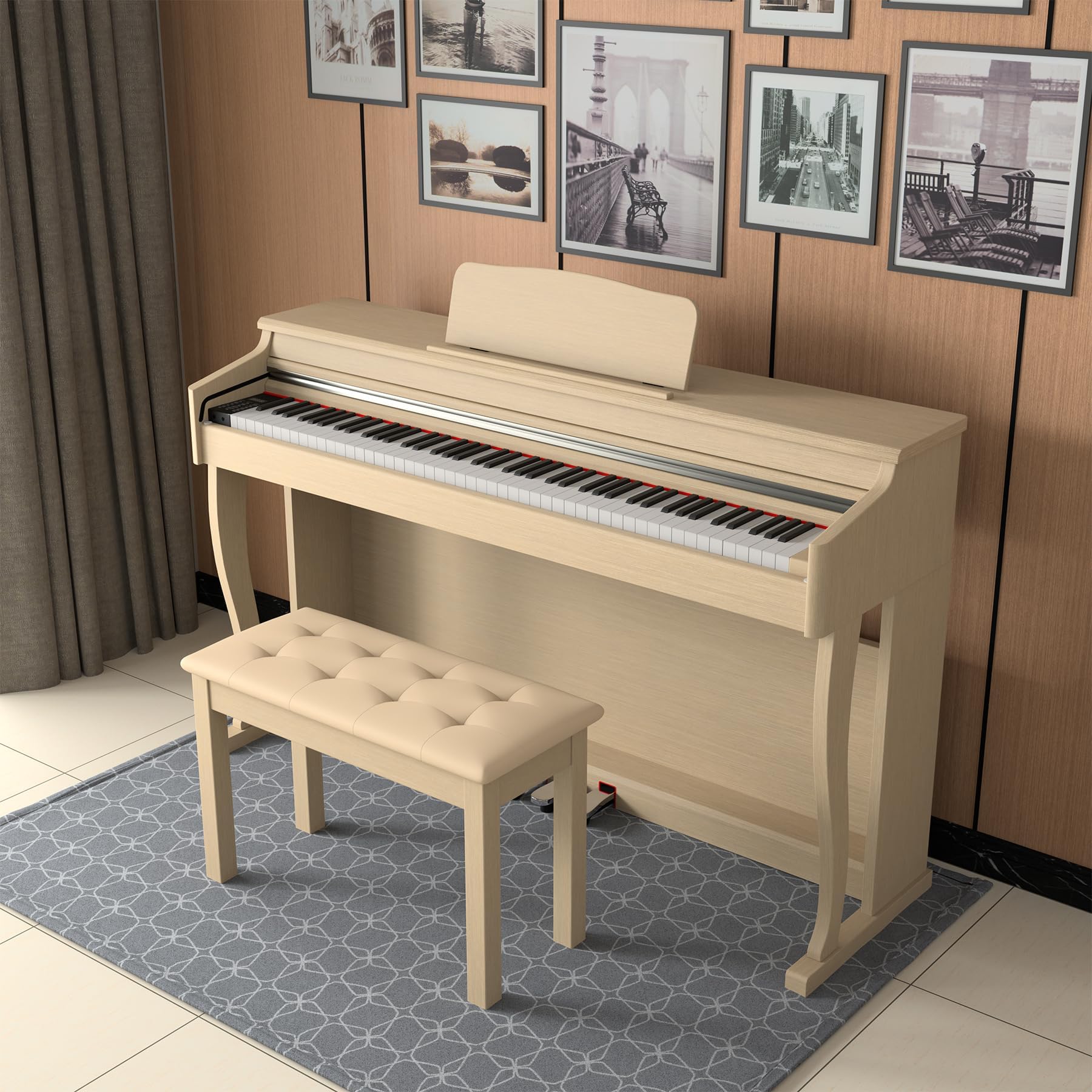 ZHRUNS Duet Piano Bench Wooden Keyboard Bench with Storage Compartment, 29”Piano Chair Seat with Padded Cushion, Long Piano Stool Beige