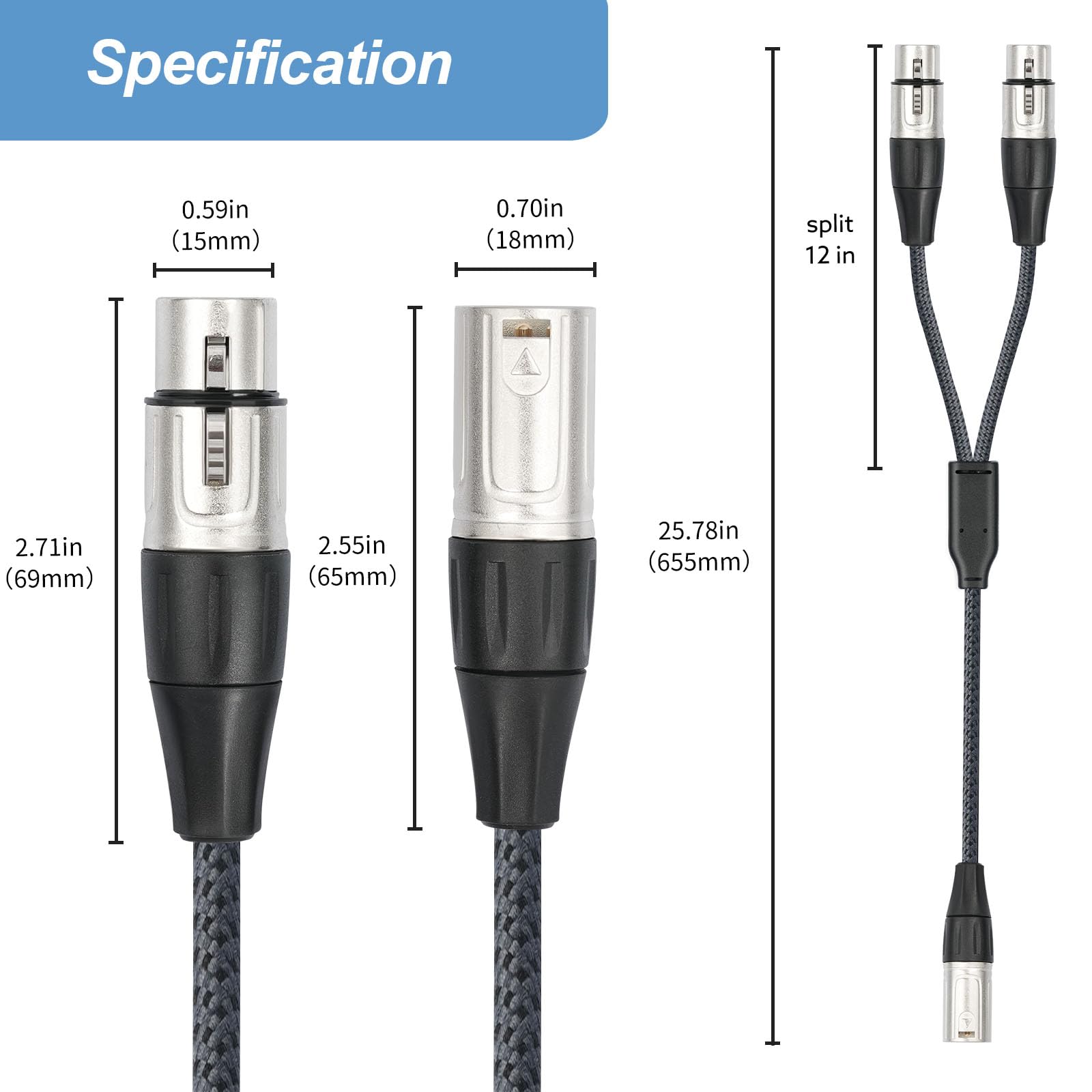 XLR Splitter Cable, Devianl XLR y Splitter 2 Female to 1 Male, Balanced Dual Female to Male Microphone Cord Adapter Combiner, 5 FT, 2 Pack