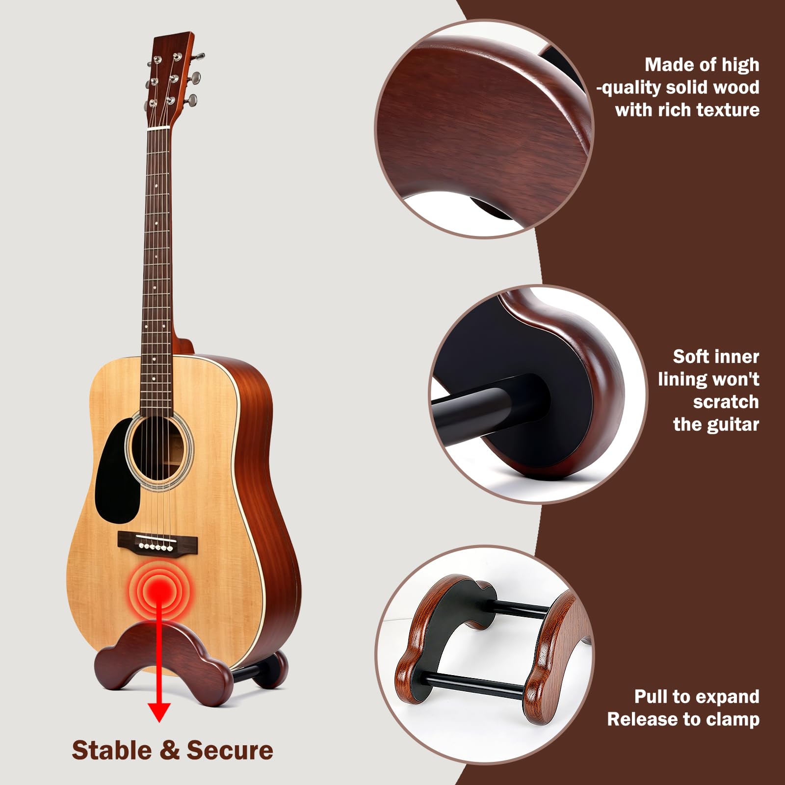 RPMTUK Acoustic Guitar Stand, Portable Adjustable Guitar Stand Floor, Clip-On Self-Standing Solid Wood Guitar, Guitar Holder for Acoustic, Classic and Folk Guitar