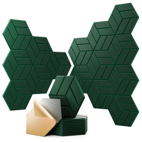 OTUOER 12Pcs Acoustic Panels with Self-adhesive, 12″X 10″X 0.4″ Sound Proof Foam Panels for Walls, Hexagonal Soundproof Wall Panels High Density, Sound Panels for Home Studio Office (Dark Green)
