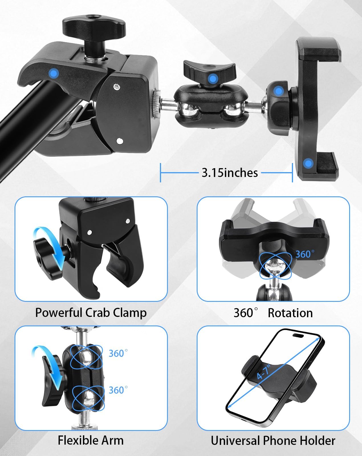BILIONE Mic Stand Phone Holder Clamp on Treadmill, Bike, Stroller, Drum