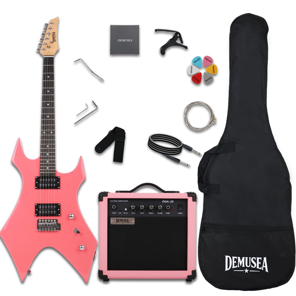 Demusea Cool Shape Electric Guitar Kit With 20W Amp Set Pink Color Solid Wood Building Accessories All In One Young Man Beginner Practice Capo Cable Stap Gigbag In (Unique Shape, Pink)