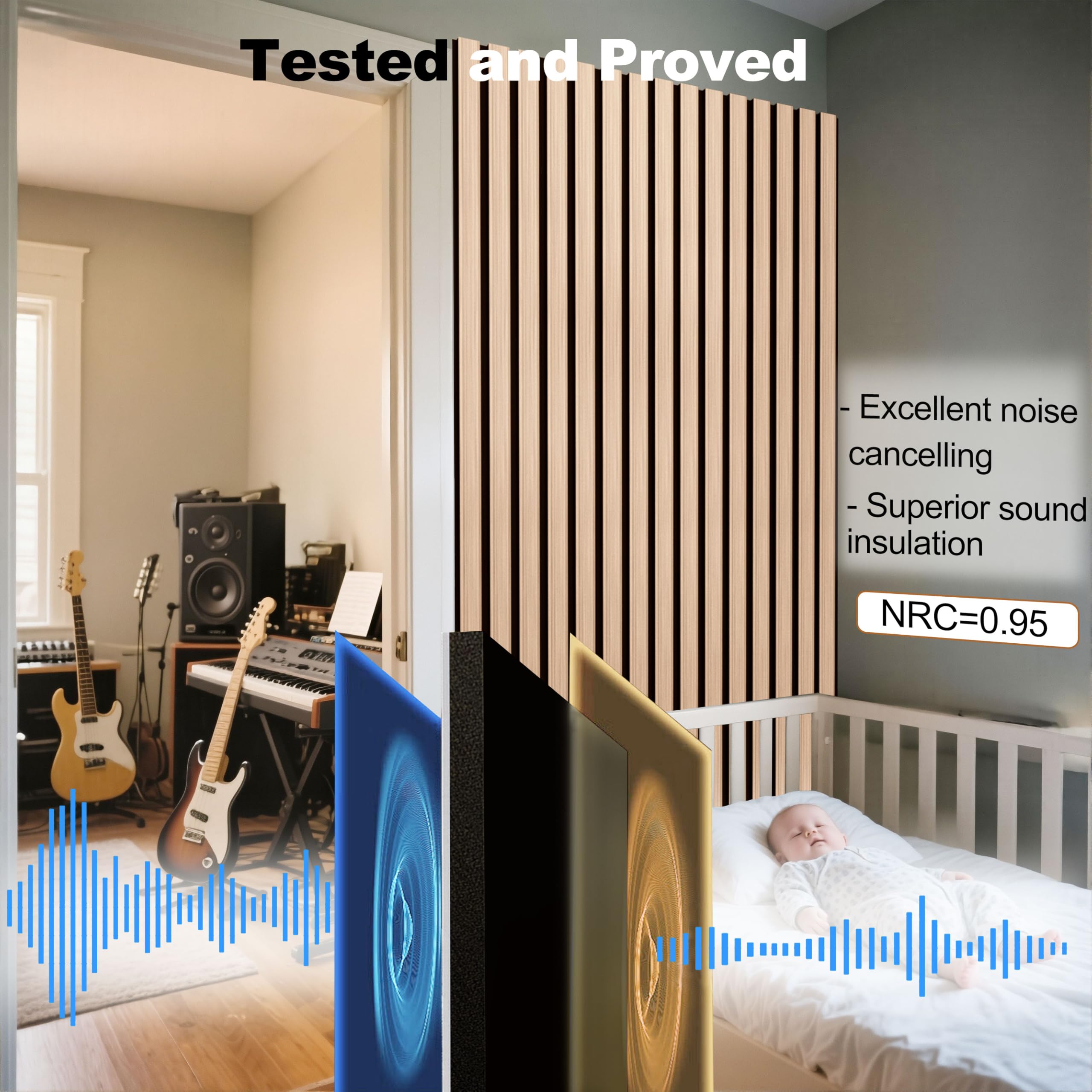 Fivaz 2 Pcs 94″ × 11″ Wood Panels for Wall, Soundproof Wood Slat Wall Paneling, Stylish Decor Acoustic Wall Panels for Wall and Ceiling, Odor-Free & Easy to Install, Natural Walnut