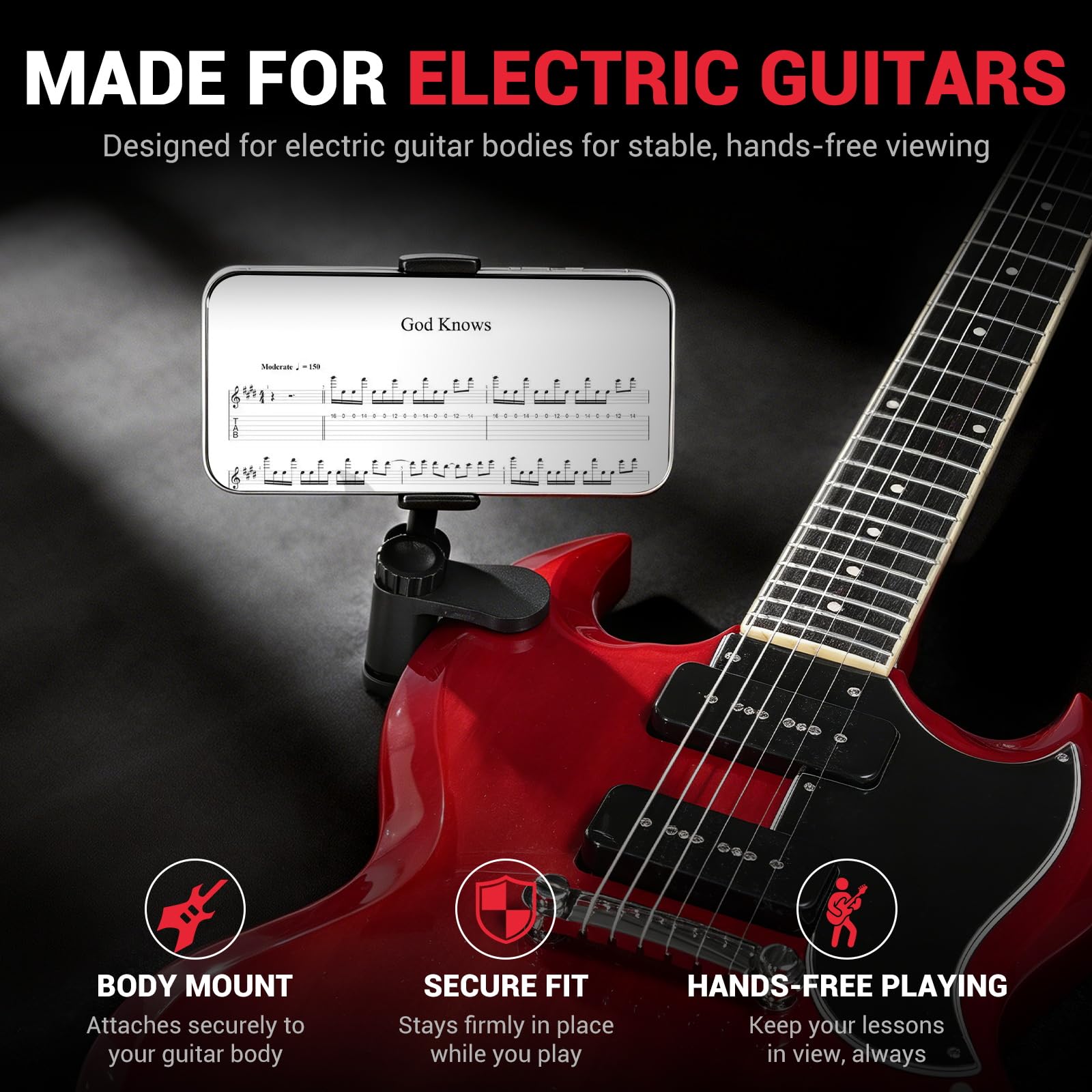 Fibnek Guitar Phone Holder Mount for Acoustic, Fits 1.0″-2.5″ Body,Classical, Electric Guitar, Bass and Ukulele