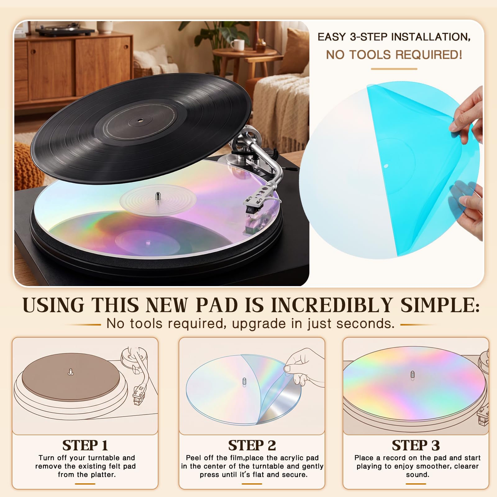 Sabary Iridescent Acrylic Turntable Mat – Anti-static Vinyl Slipmat for Record Player, 12″ Platter Slipmat, Reduces Noise & Improves Sound Clarity, Color-shifting Dj Turntable Mat