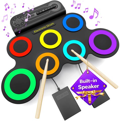 VerkTop Electric Drum Set Built-in Speaker, Electronic Drum Pad and Sticks, Portable Roll Up Drums Practice Pad