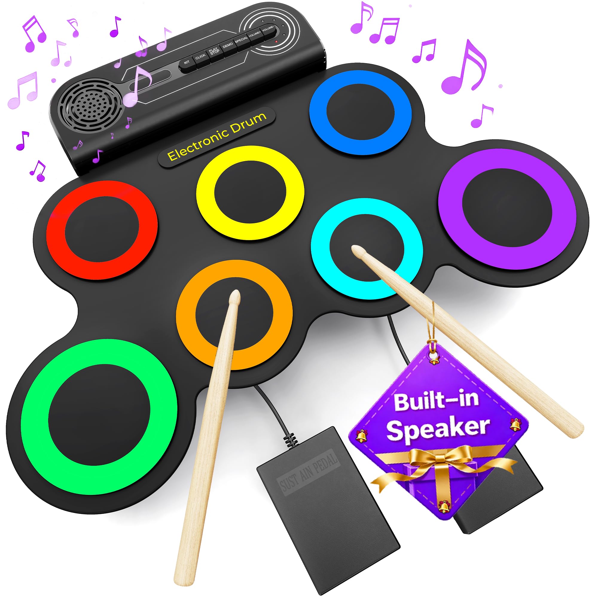 VerkTop Electric Drum Set Built-in Speaker, Electronic Drum Pad and Sticks, Portable Roll Up Drums Practice Pad