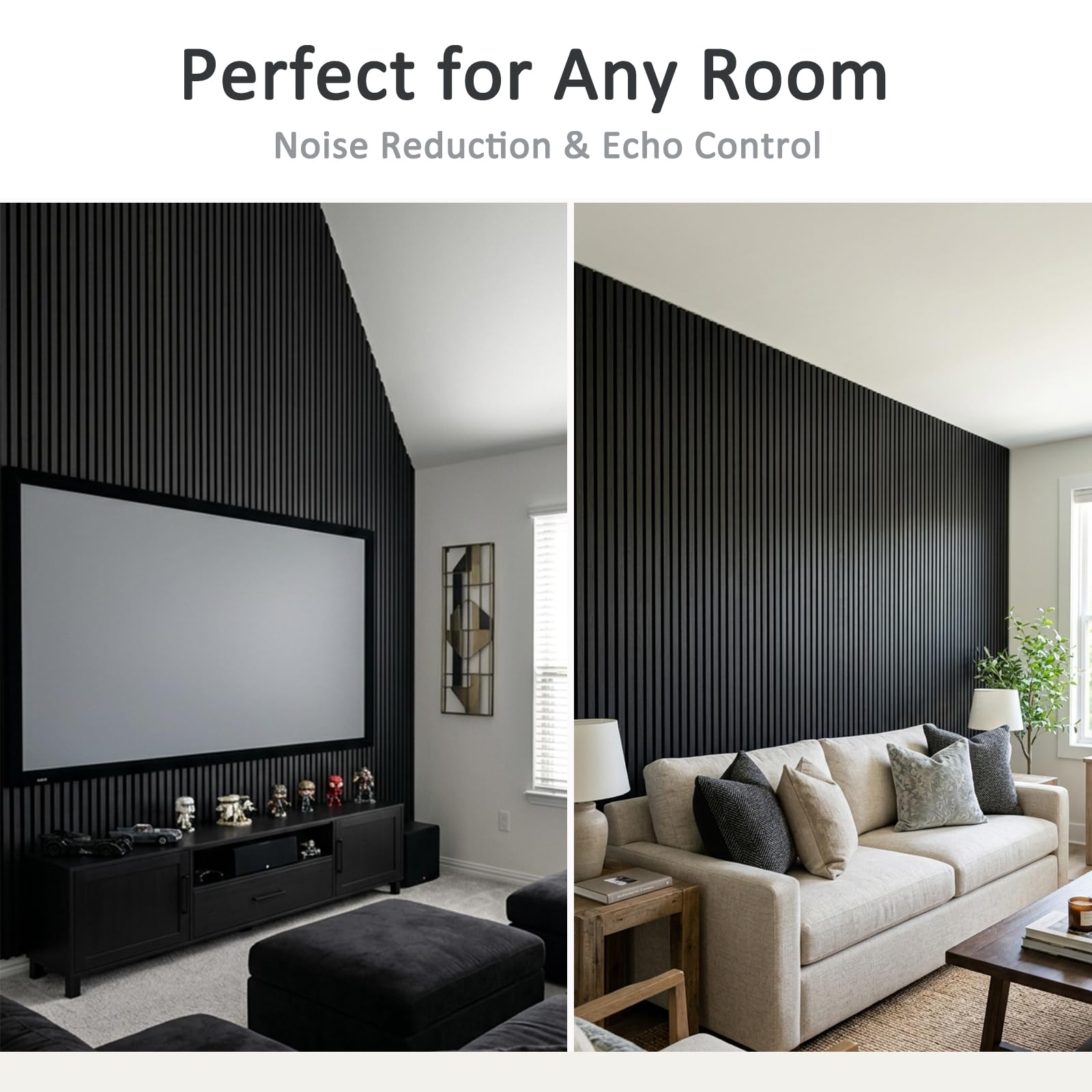 Wood Slat Wall Panels – 4 Pack 93.7″ × 11″ – Acoustic Panels Noise Reduction for Home Office Studio, 3D Fluted Sound Dampening Absorbing Panels, Matte Black