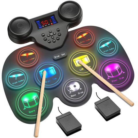 Electric Drum Set with 7 Colorful LED Light Patterns, Enhanced Rebound Feel Electronic Drum Kit Featuring 9 Pads, Bluetooth MIDI, and Dual Speakers, for Kids and Adult Beginners