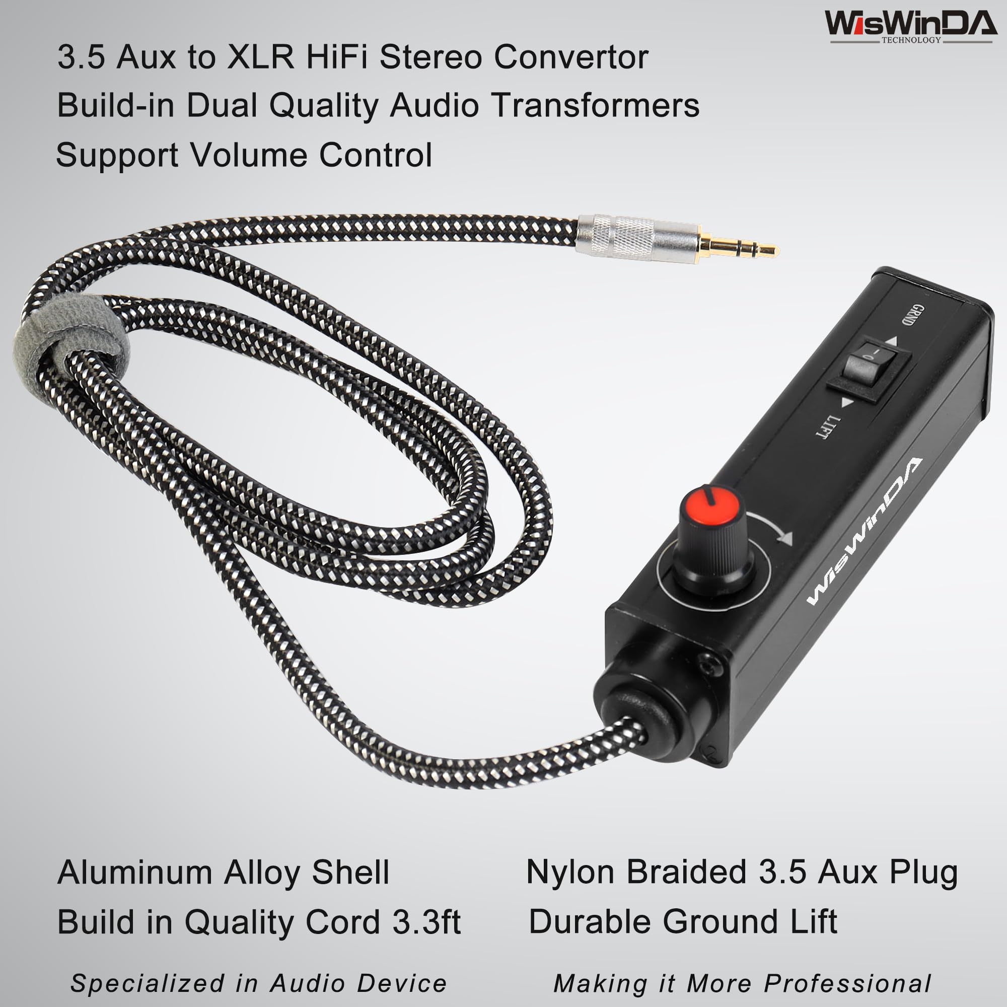 WisWinDa Upgrade Pro101A HiFi Stereo AUX to XLR Isolation Box with Volume Controller Ground Lift Switch Build-in 3.5mm Aux Cord 3.3ft Gold Coating Plug with Extra XLR Y Cord