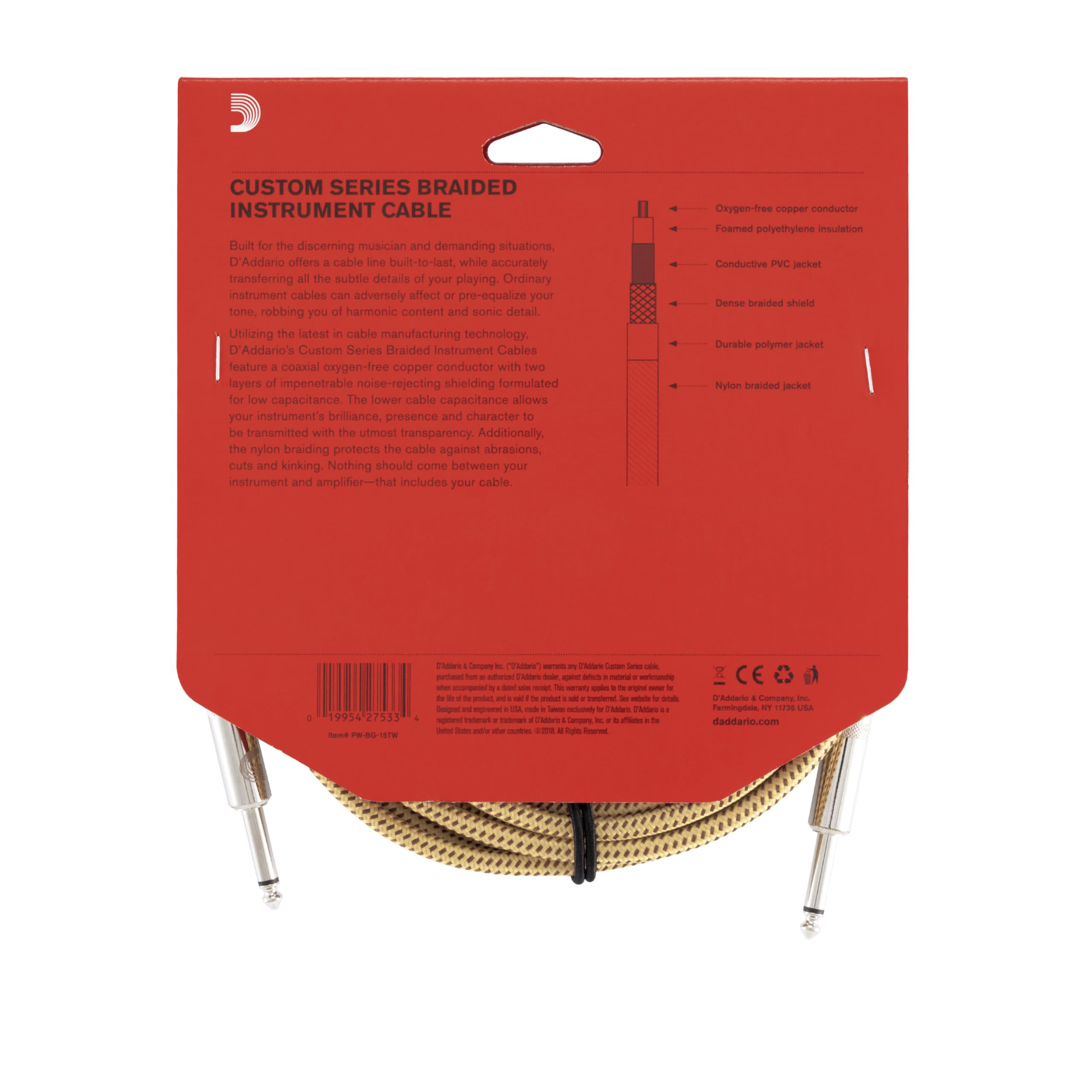 D’Addario PW-BG-15TW Instrument Cable – 15 Feet