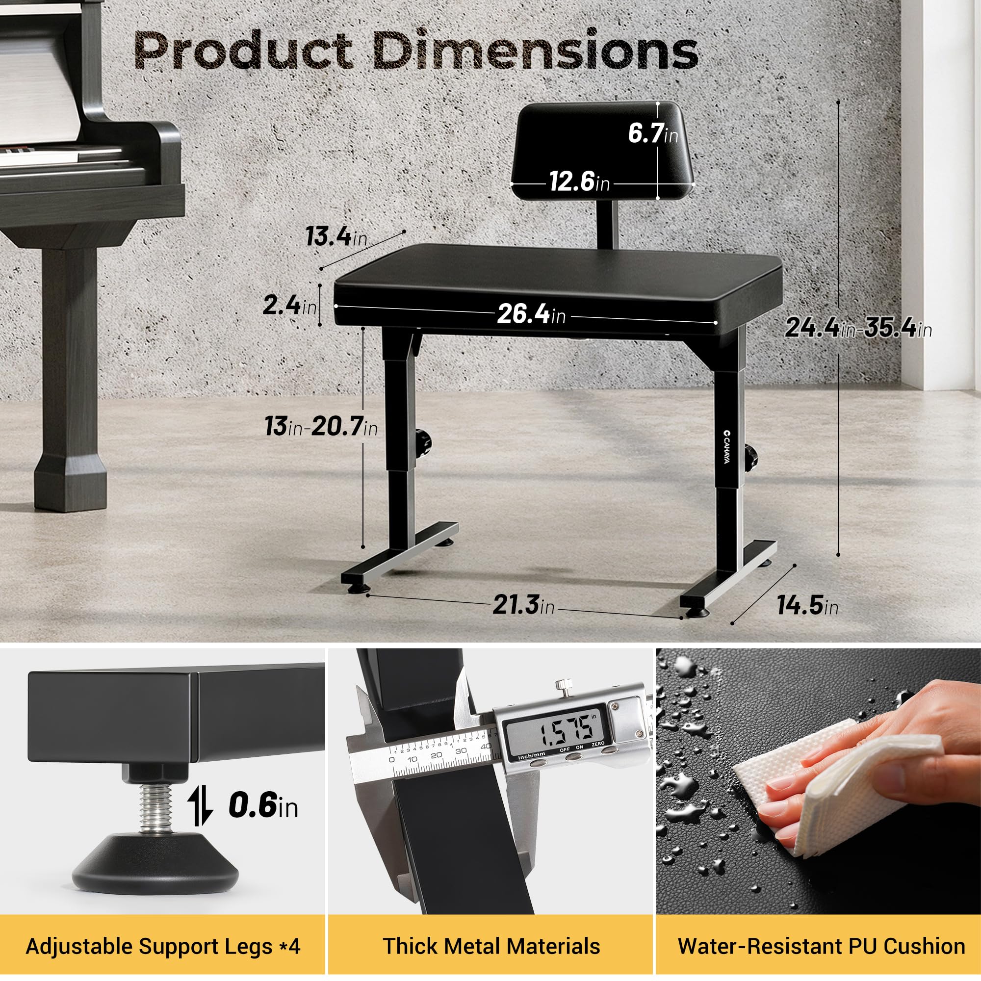 CAHAYA Foldable Adjustable Piano Bench: Portable Keyboard Stool 200kg Capacity Height & Backrest Adjustable for Kids/Adults Perfect for Home Studio Teaching & Outdoor Performances