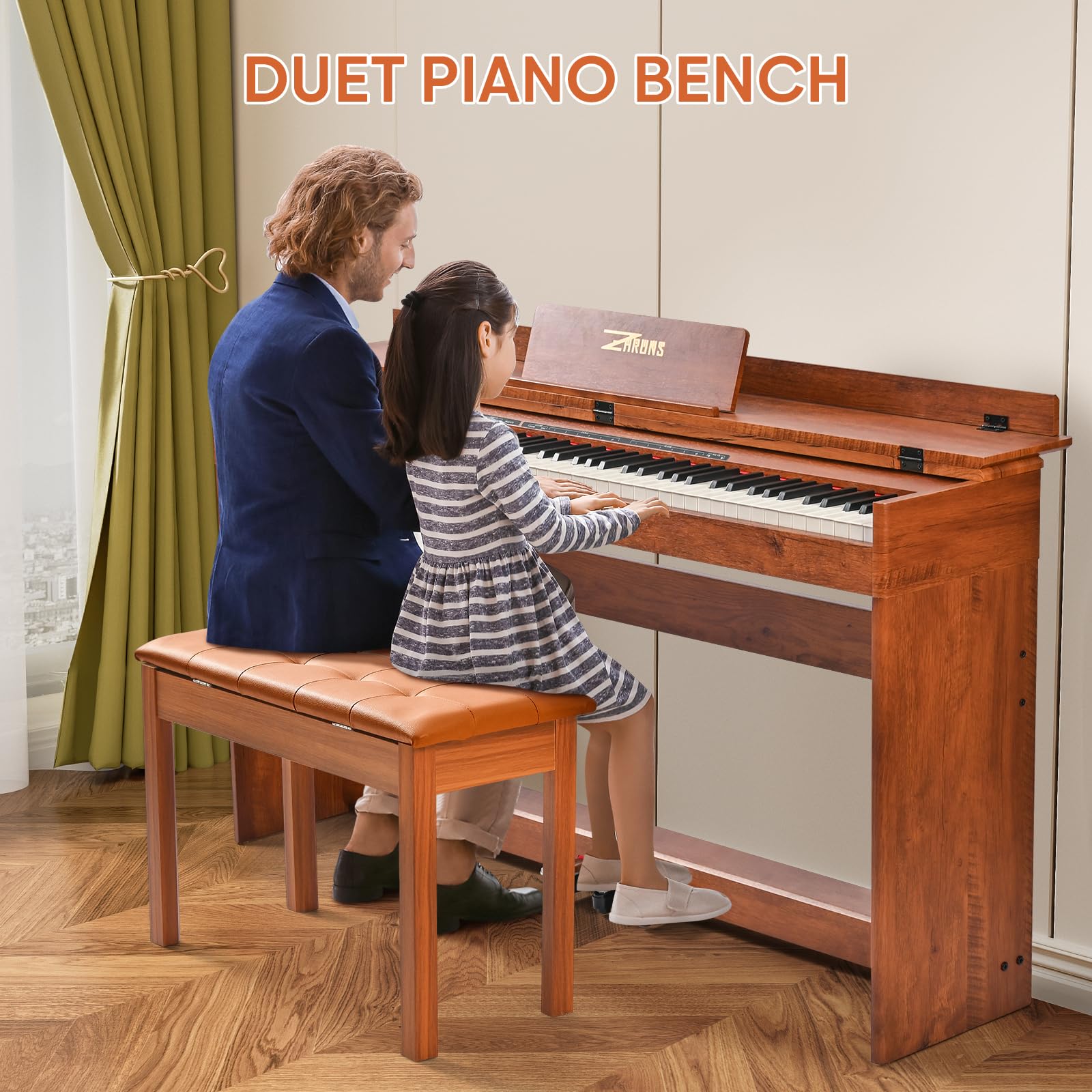 ZHRUNS Duet Piano Bench Wooden Keyboard Bench with Storage Compartment, 29”Piano Chair Seat with Padded Cushion, Long Piano Stool Brown