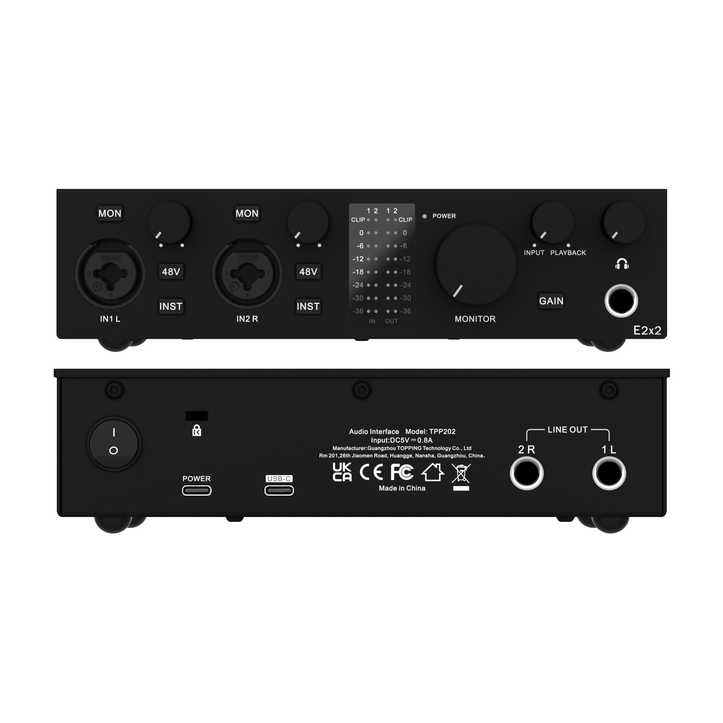 TOPPING E2X2 USB Audio Interface – High-Performance Mixer & Recording Interface for PC, Mac, iPhone & Android – Ultra-Linear Preamp, 48V Phantom Power, Low Noise, Real-Time Monitoring (Black)