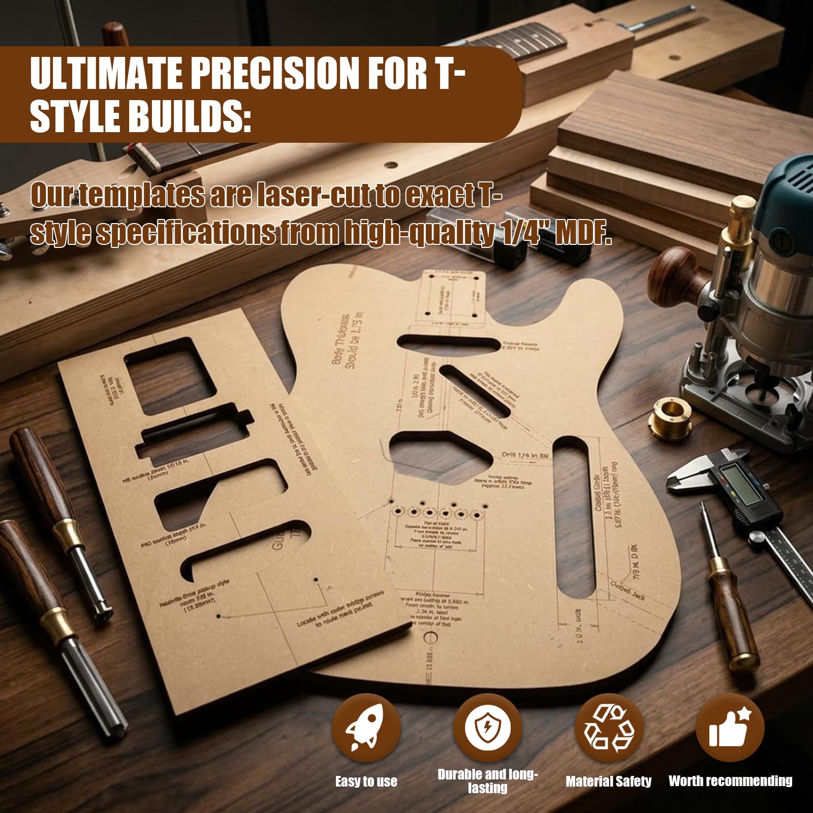 T-Style Guitar Body Routing Template Guide Kit, Precision Cut 1/4″ MDF Tools for DIY Electric Guitar Building