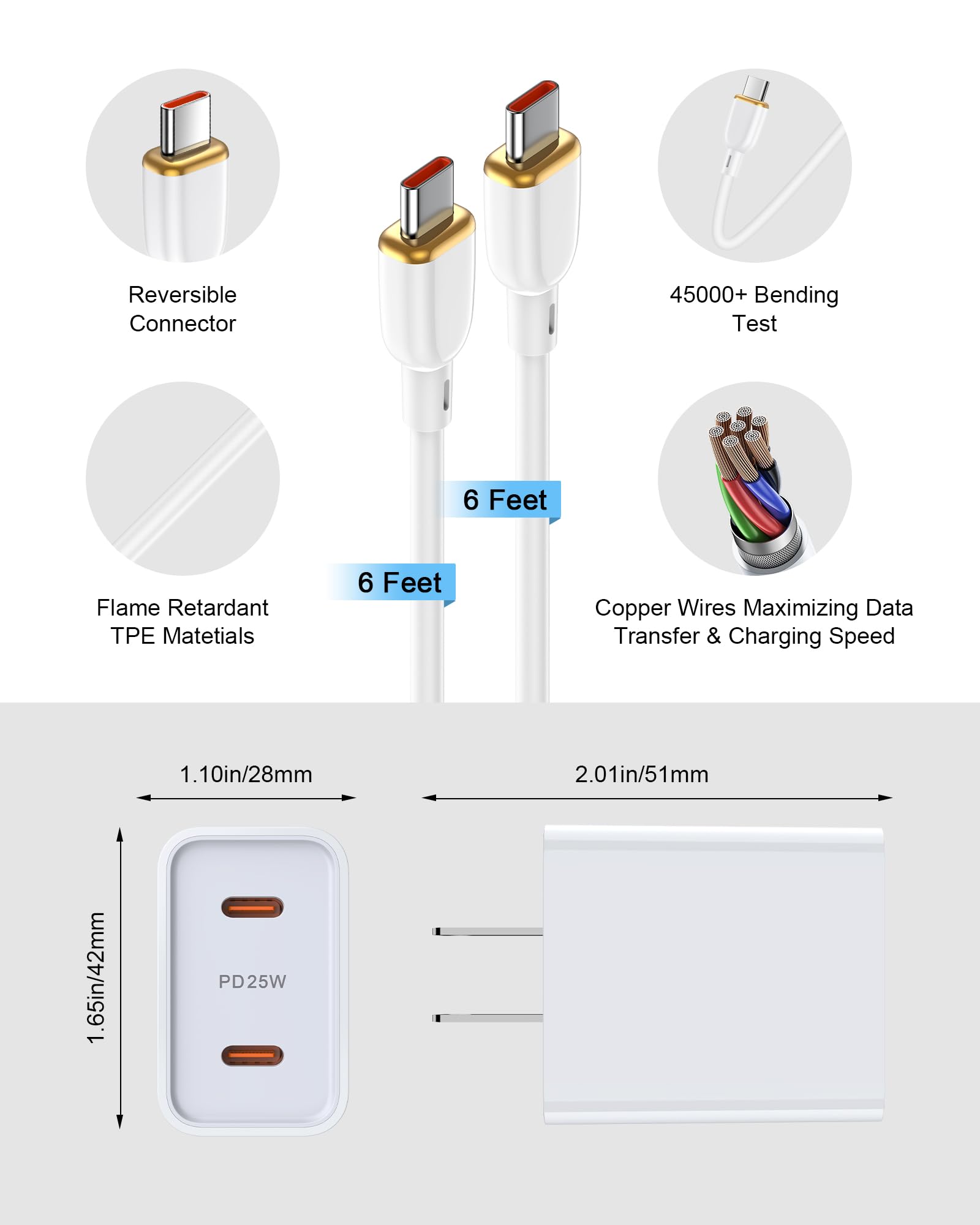 iPhone 17e 16e Type C Charger Fast Charging for Apple 17 Pro Max/17Pro/Air/17/16e/16 Pro Max/16Pro/16Plus/16/15Pro Max/15 Pro/15Plus/15, 25w Dual USB-C Charger Block and Cable for Galaxy S26 S25 S24