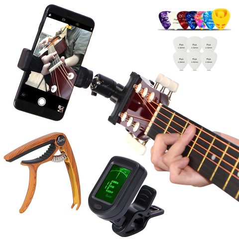 RockCheems Guitar Accessories for Beginners – 1 Ukulele Bass Guitar Phone Holder for Live Broadcast Video Recording,1 Guitar Capo, 1 Guitar Tuner With Guitar Picks