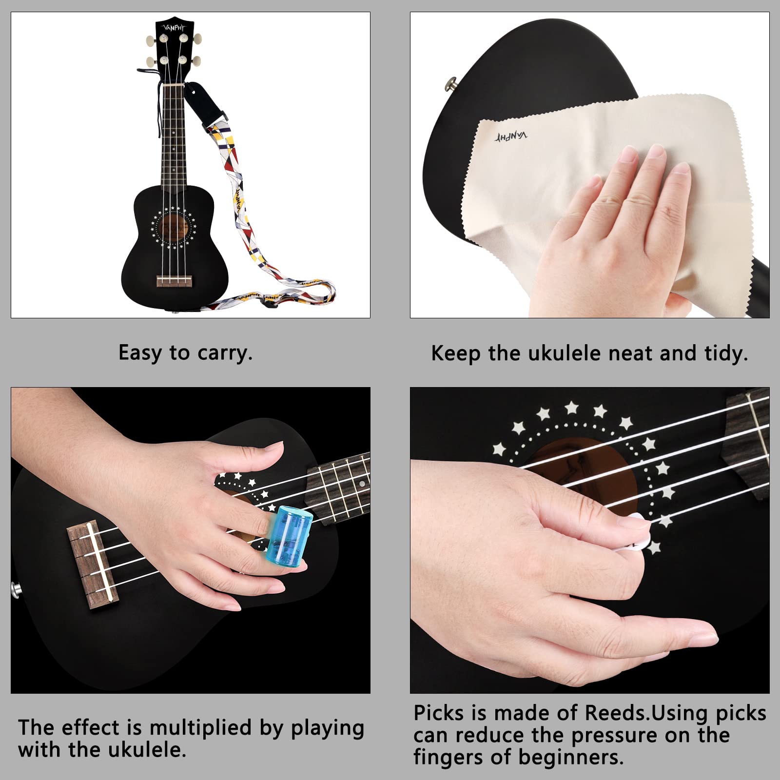 VANPHY Soprano ukulele for beginner with Gig Bag 21 Inch uke for Starter Hawaiian Soprano Ukalalee Polishing adults Basswood 21 Inch uke with Strap Picks Songbook Cleaning Cloth (Light Blue)