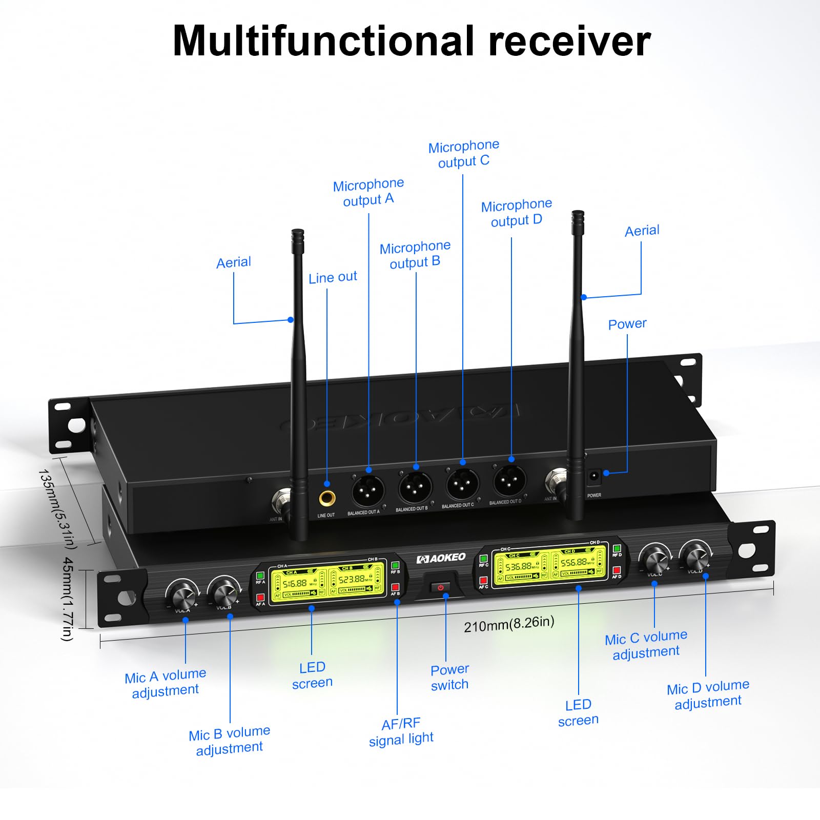 Aokeo Wireless Microphones System, 4 Channel UHF Wireless Mics,with 4 Handheld Dynamic Microphones,Metal Receiver for Karaoke,Singing,Wedding,Party,Speech,Church