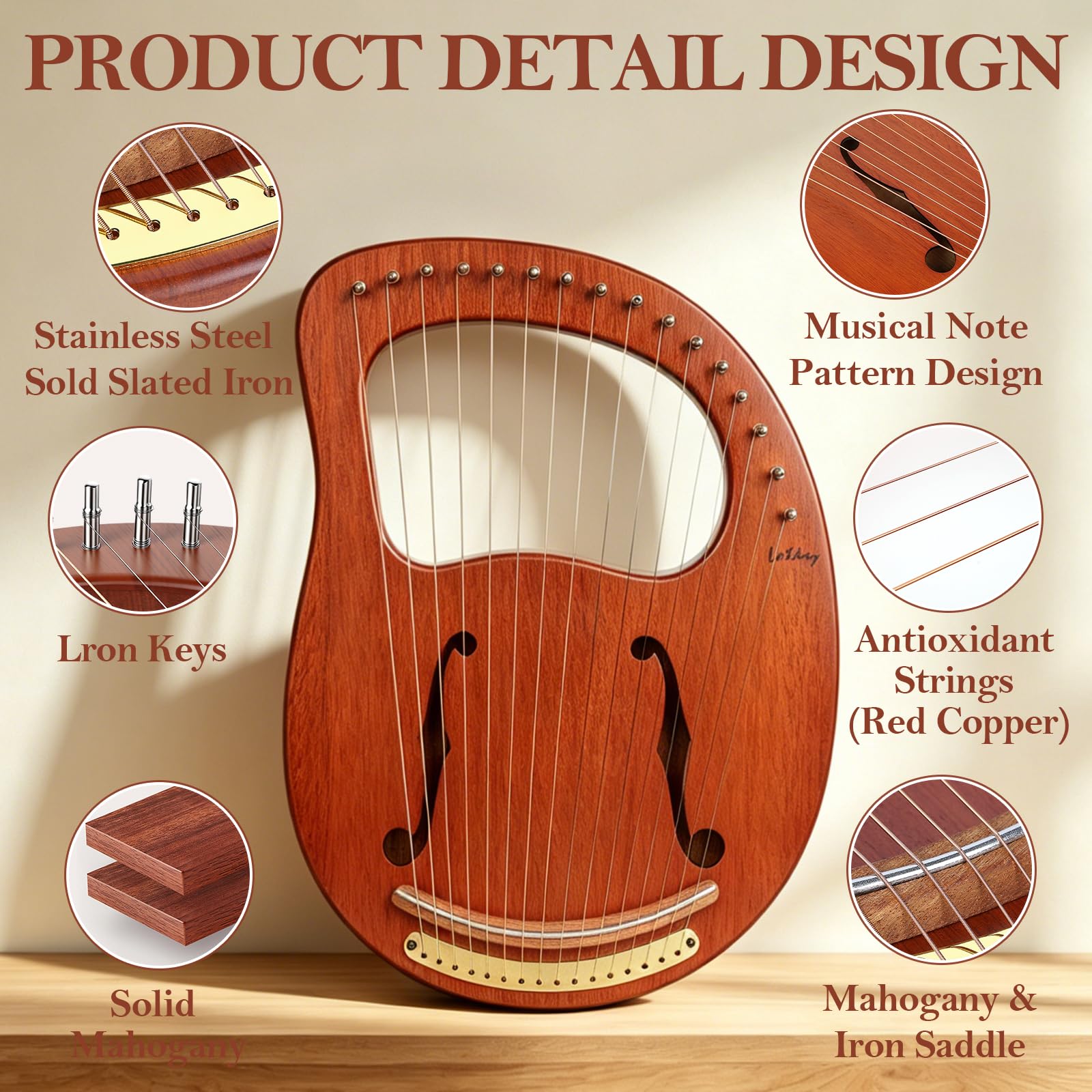 Lotkey Lyre Harp,16 Metal Strings Iron Saddle Mahogany Lyre Harp with Tunning Wrench, Extract Strings, Manual and Gig Bag