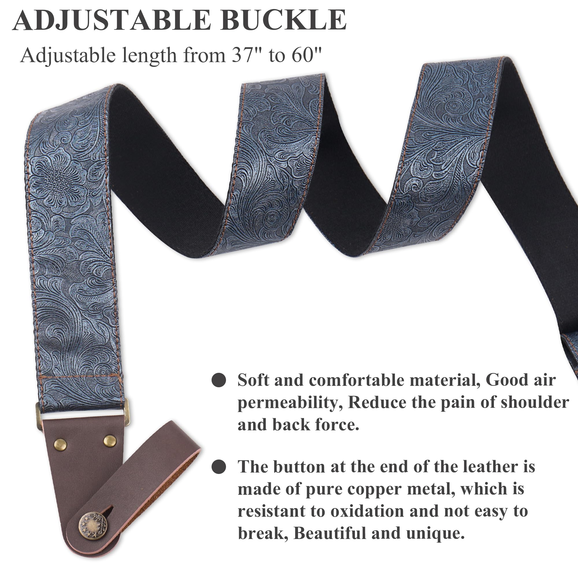 LIZIMANDU Adjustable Guitar Strap Includes 2 Strap Locks & 2 Matching Picks & 1 Picks Holder & 1 leather Strap Button(1-Carving Blue)