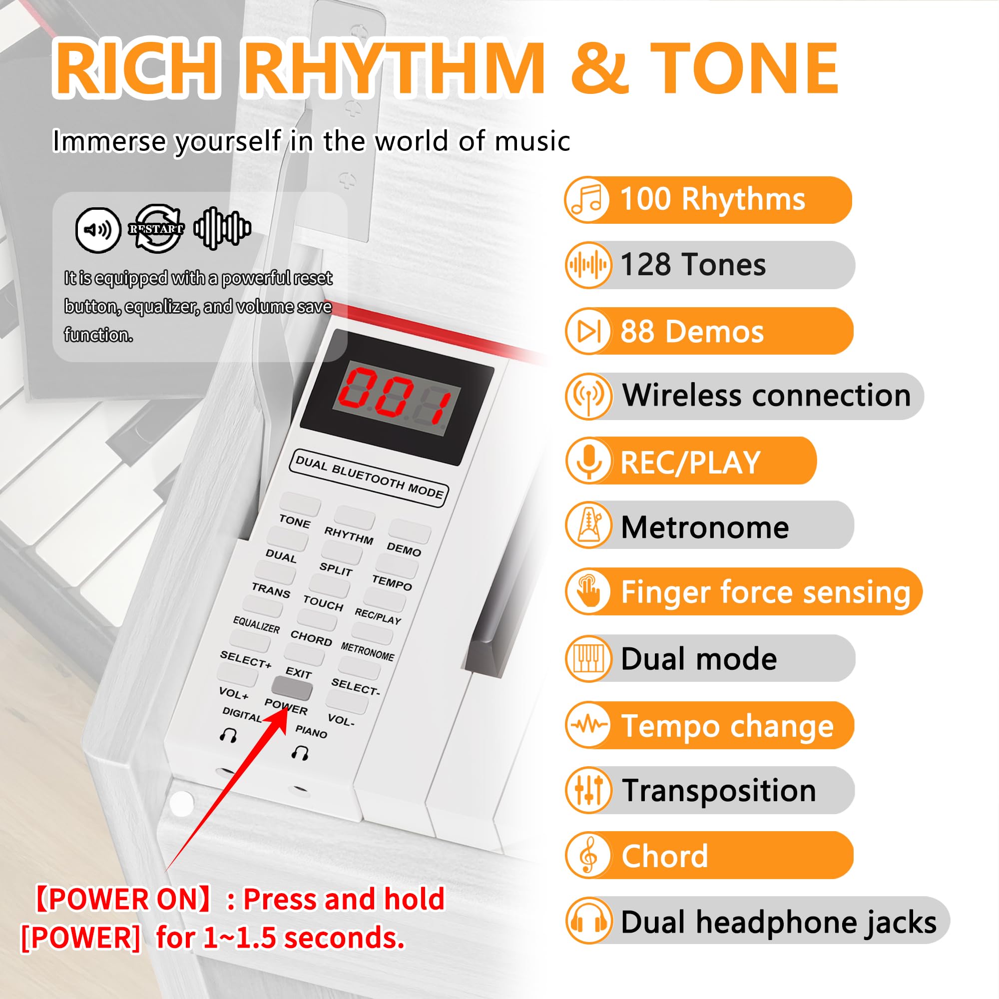 WENCAI Digital Piano 88 Key Full Size Keyboard for Beginners, White