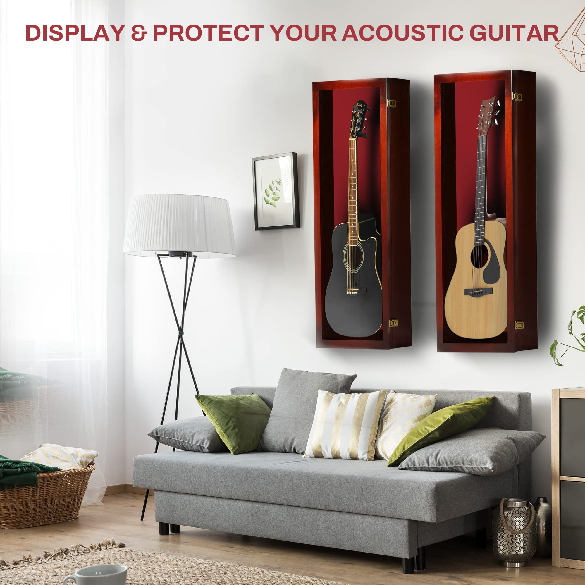 PENNZONI Acoustic Guitar Display Case – Acrylic Acoustic Guitar Case – Guitar Display Case Wall Mount Made from Hardwood Frame & Clear Acrylic – Cherry w/ Red Felt