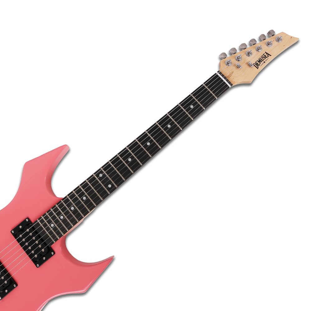 Demusea Cool Shape Electric Guitar Kit With 20W Amp Set Pink Color Solid Wood Building Accessories All In One Young Man Beginner Practice Capo Cable Stap Gigbag In (Unique Shape, Pink)