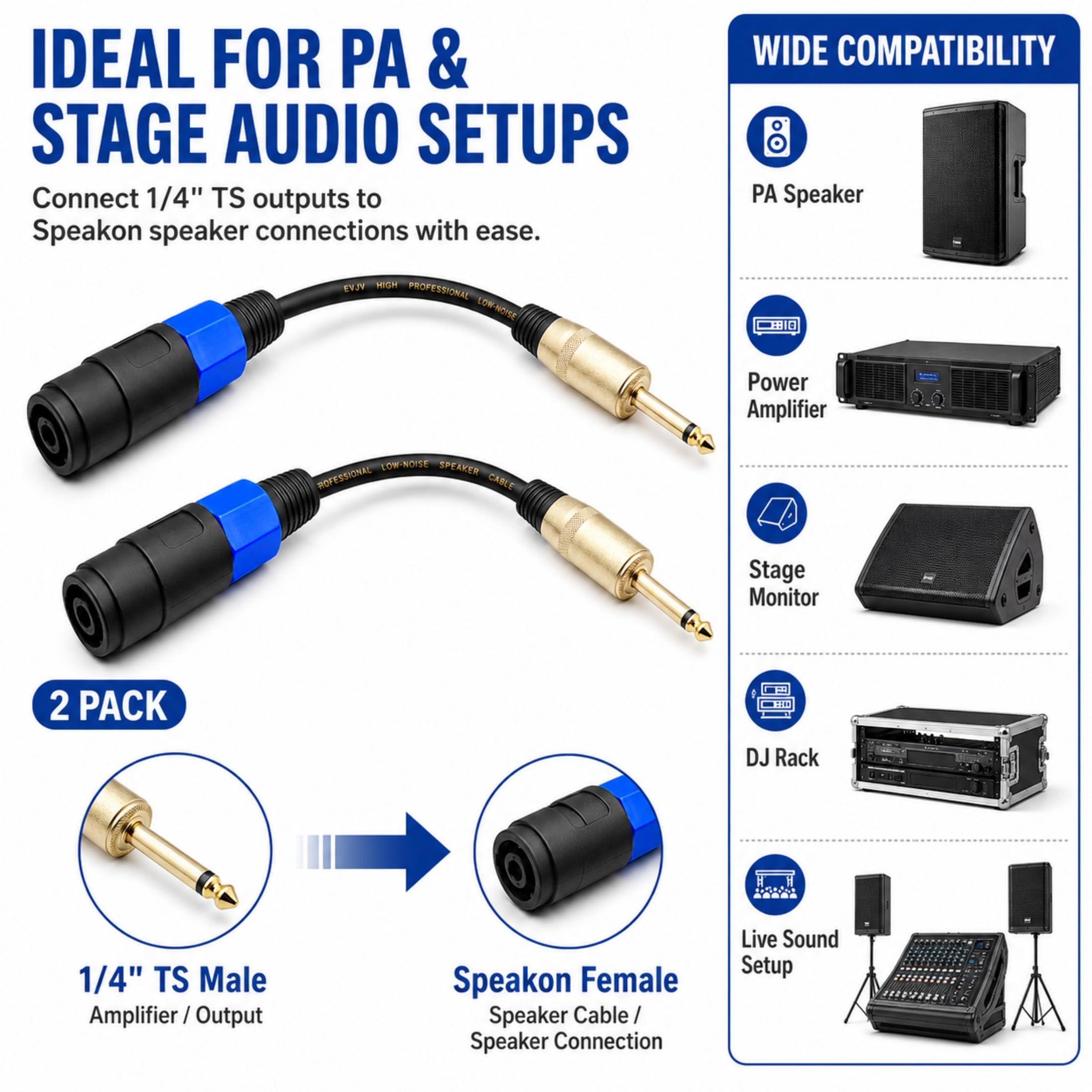 KOOKFJLLZ 12AWG OFC 1/4″ TS Male to Speakon NL4 Female Cable – 6 Inch 6.35mm Speaker Cable 2 Pack for QSC, Crown, Yamaha Power Amplifiers, PA Systems & Stage Monitors