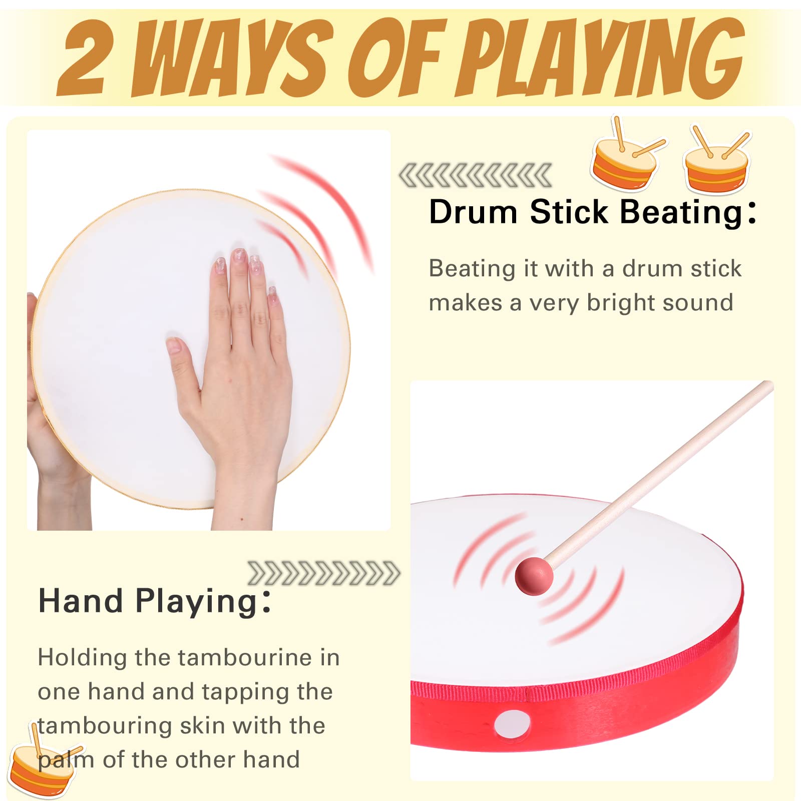 Boao 8 Pcs Hand Drums with Stick 12 10 8 6 Inch for Beginners Multicolor