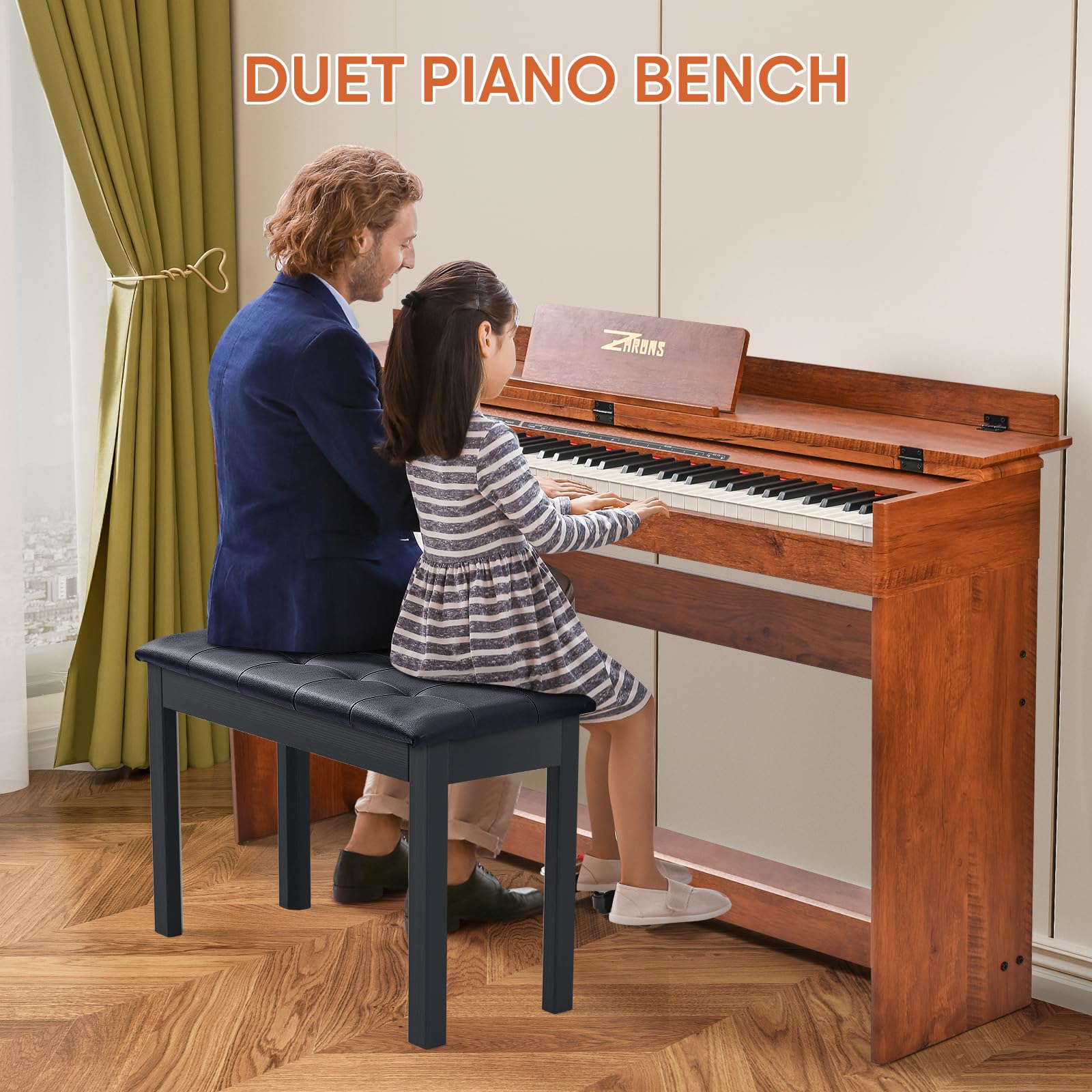 ZHRUNS Duet Piano Bench Wooden Keyboard Bench with Storage Compartment, 29” Piano Chair Seat with Padded Cushion, Long Piano Stool Black