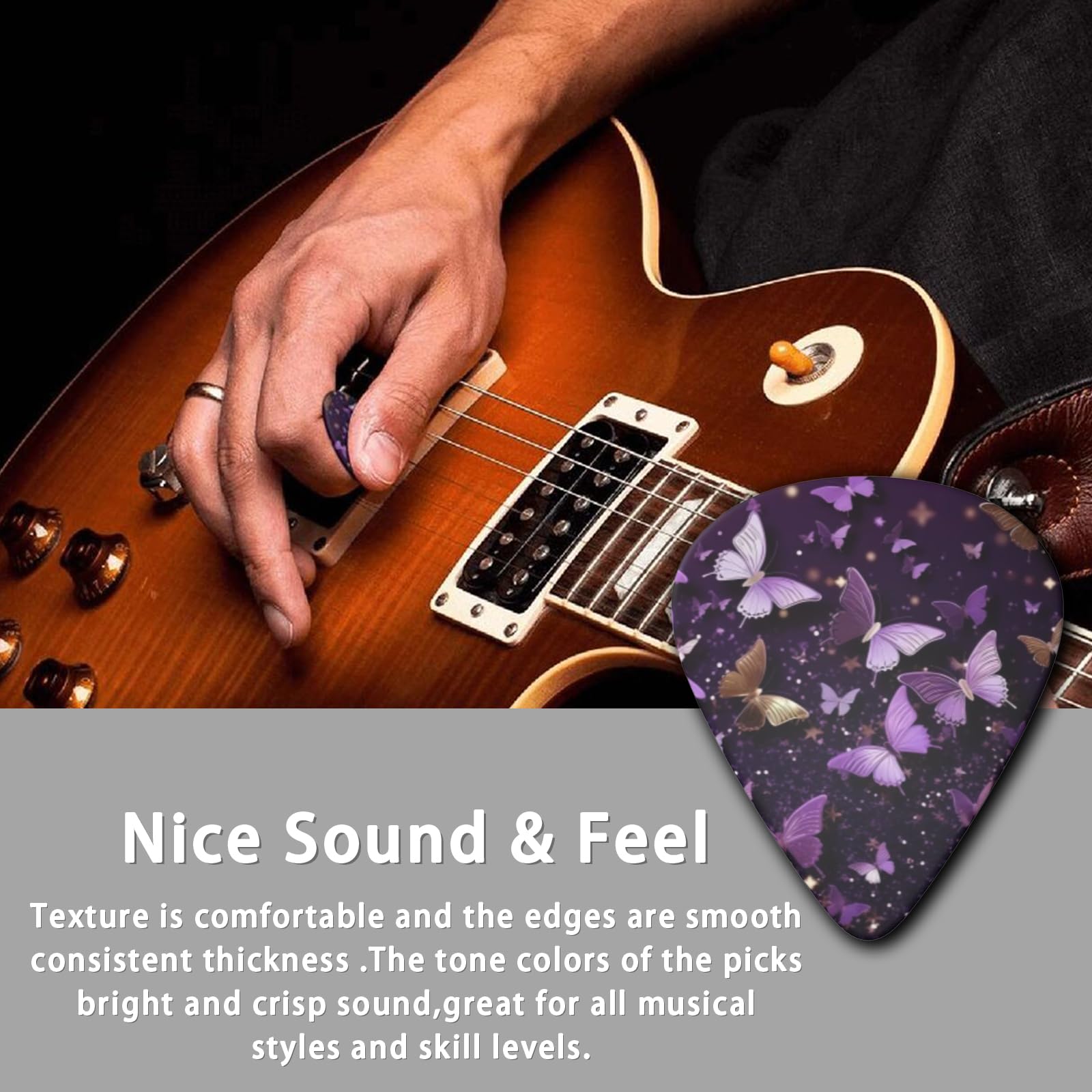 LOZUQII 6 Pack Guitar Picks with Bag, Medium 0.71mm – Cute Purple Butterfly