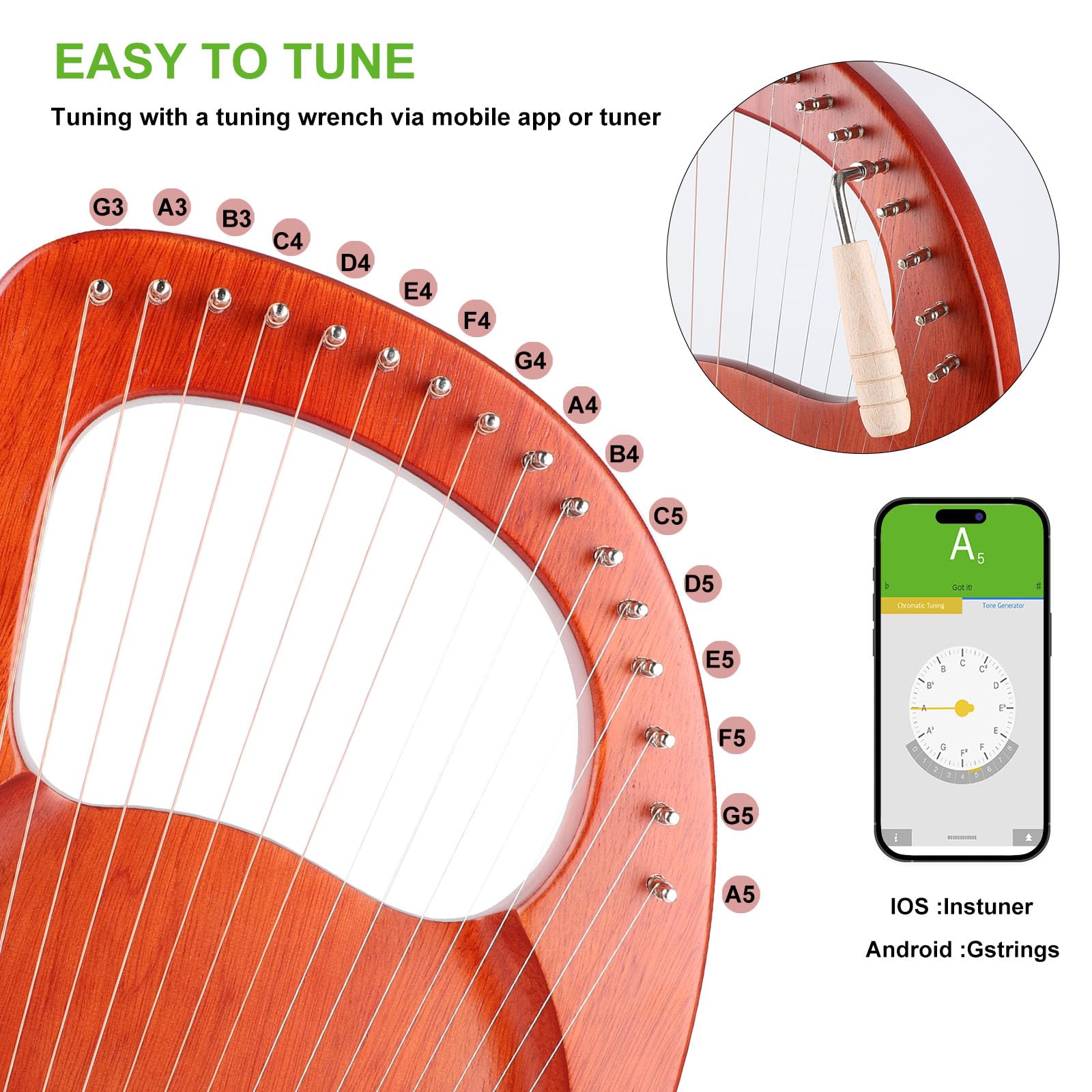 BGMUSER Lyre Harp 16 Strings Mini Harp Instrument Gift for Adult Beginner