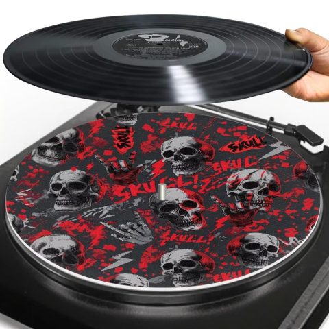 PJHEQOXE Turntable Mat,11.6 Inch,Halloween Skull Print Red