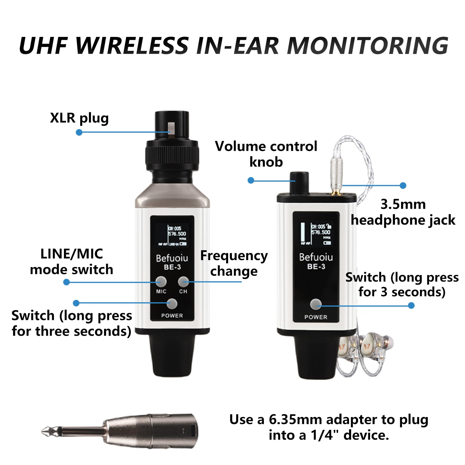 UHF Wireless In Ear Monitor System with Pro Earphone, Metal Wireless IEM System, 16 Adjustable Channel, Portable Rechargeable Transmitter and bodypack Receiver for Studio, Band, Live Performance