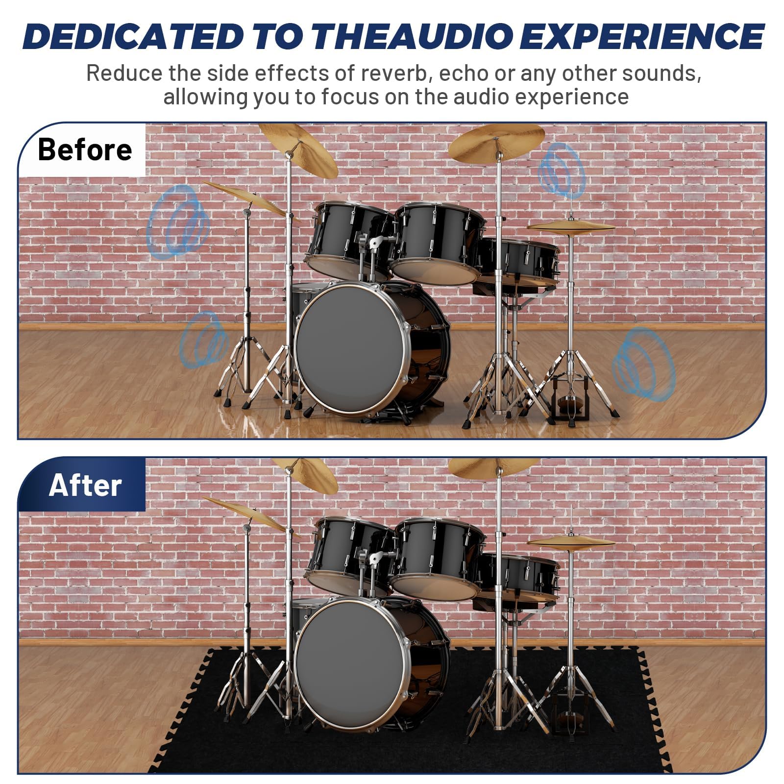 Focusound 20Pcs Sound Absorbing Interlocking Drum Rug, 11.8 x 11.8 x 0.4 inches High Density Soundproof Floor Mats, Non-Slip Anti Vibration Piano Carpet Drum Mat for Music Studio, Black