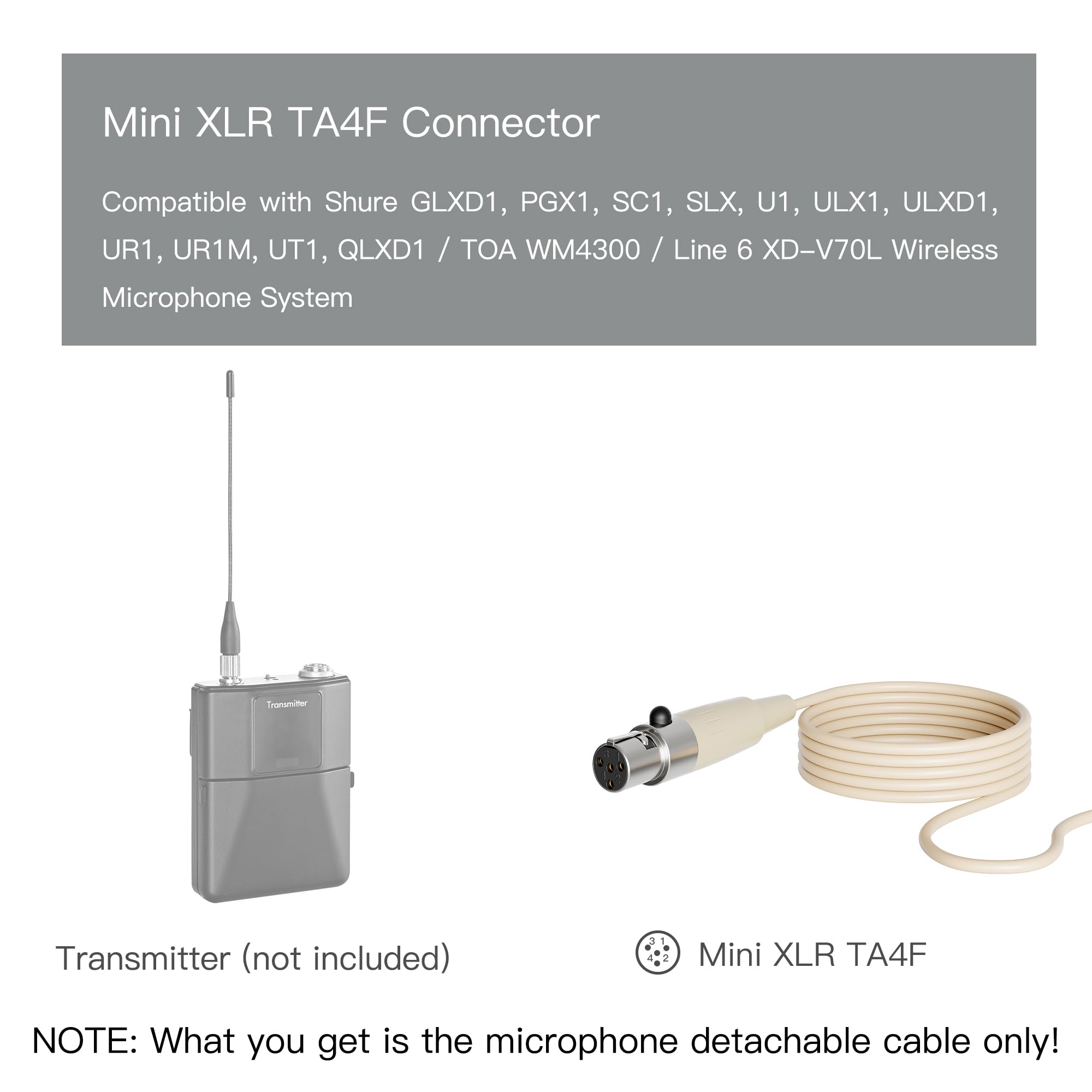 J K Mini XLR TA4F Detachable Cable Compatible with Shure Wireless Bodypacks