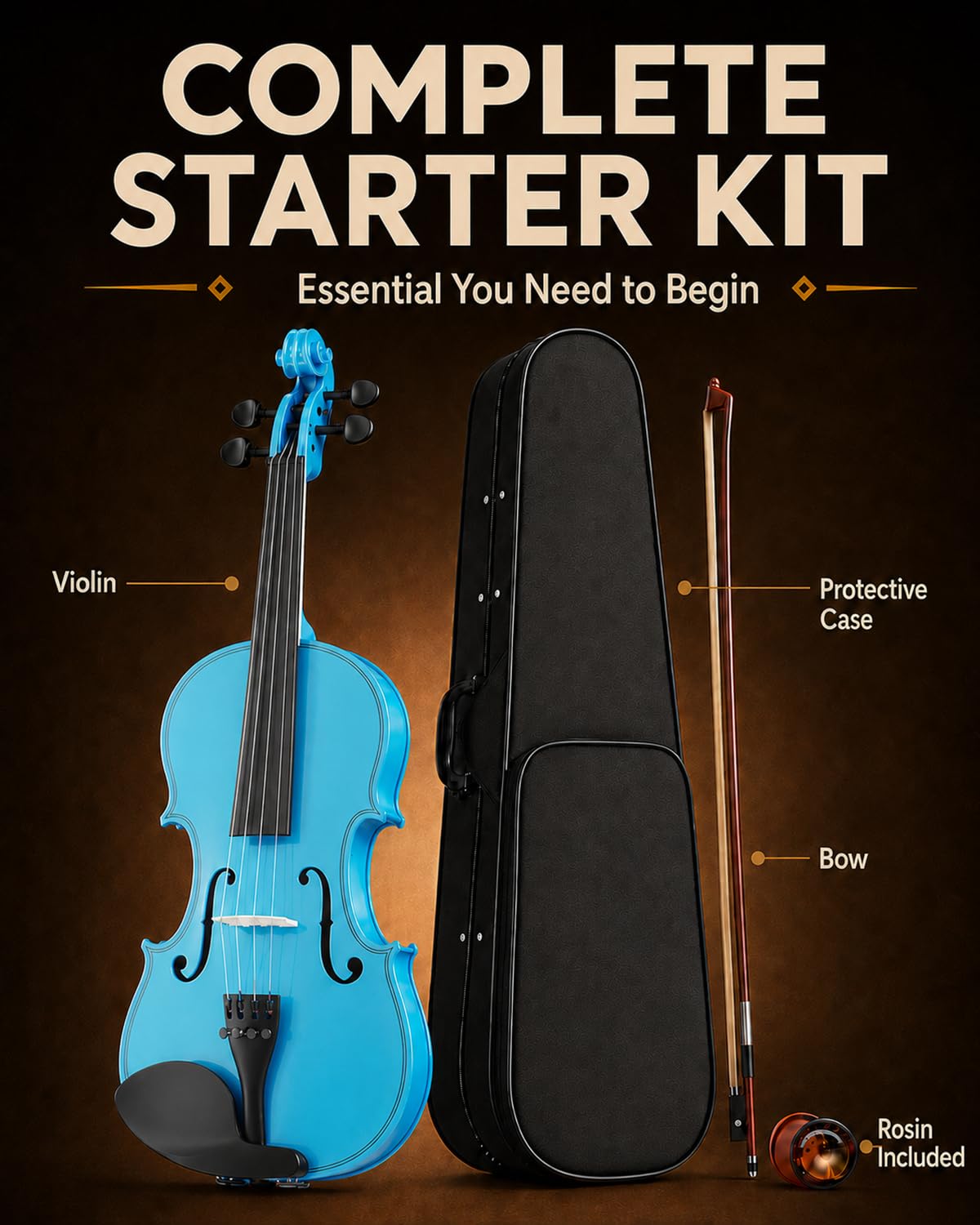 Beginner Violin 4/4, Full Size Violin for Adults, Teens, Student, Learners Age 12+, Acoustic Fiddle Kit with Hard Case, Bow, Rosin, Bridge (Sky Blue)