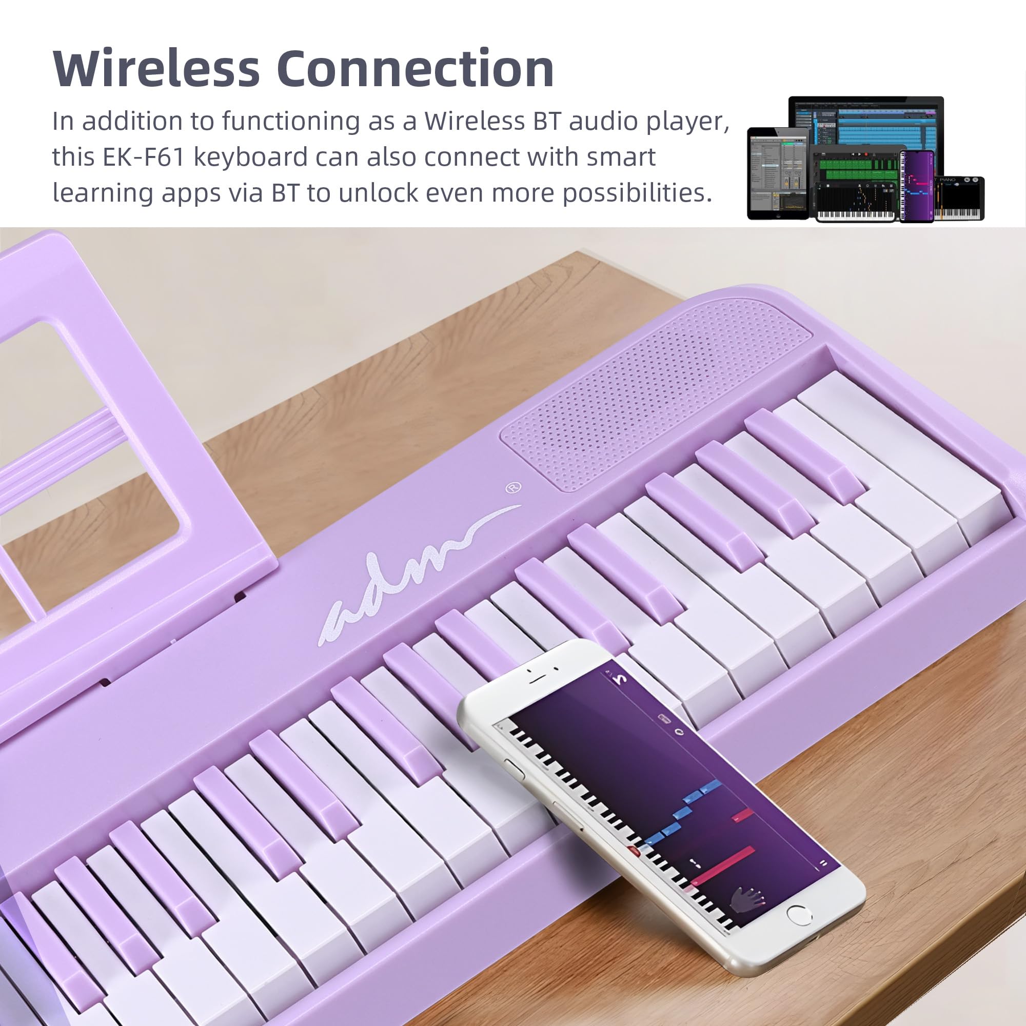 ADM 61 Key Folding Electric Piano Keyboard, Foldable Electronic Keyboard, Wireless 128 Tones, 128 Rhythms Includes Pedal, Gig Bag, Headphones for Beginners, Students, Teenagers, Adults, Purple