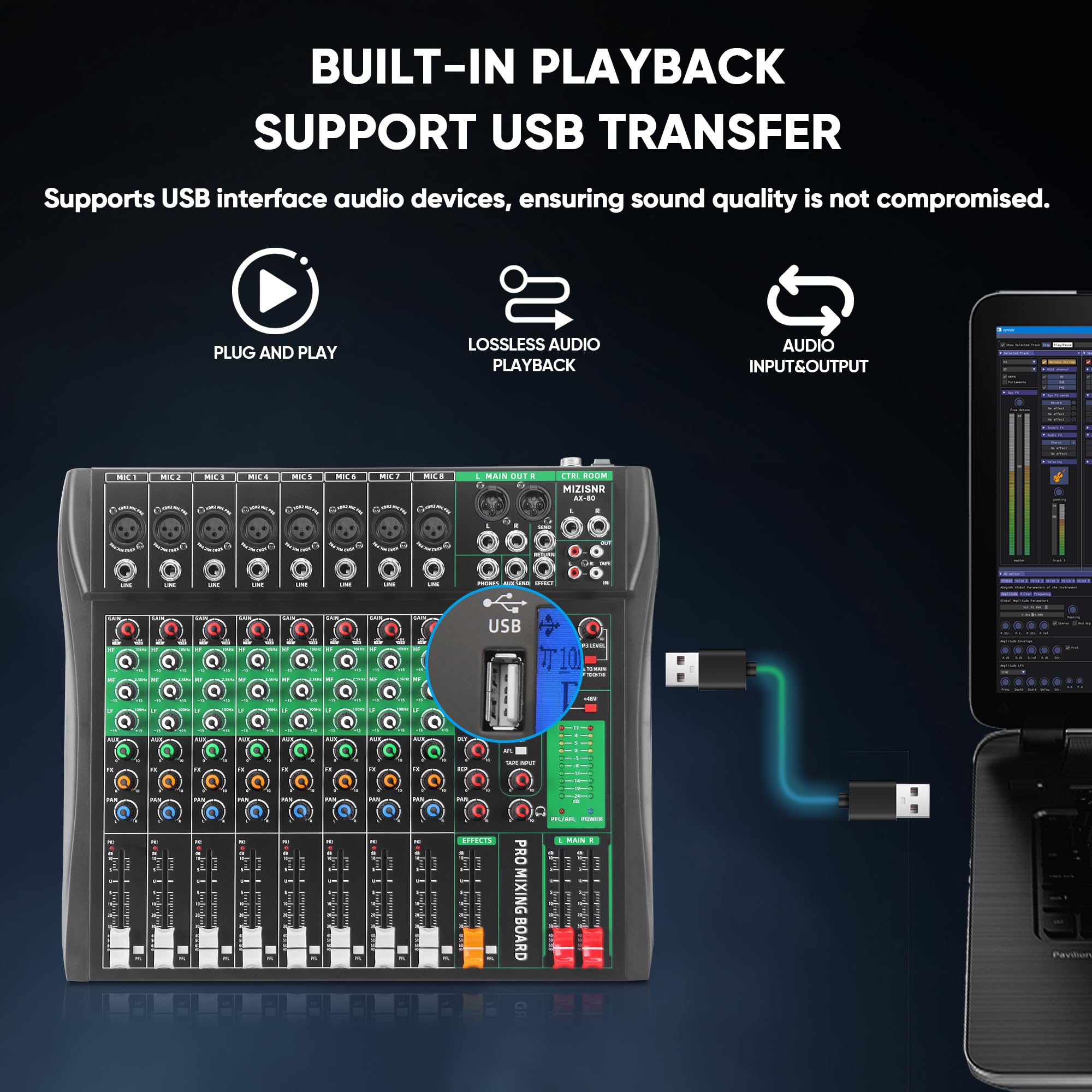 MIZISNR 8 Channel Audio Mixer, Professional DJ Mixer Board Sound Music Mixing Console Digital Mixer with Reverb, Bluetooth, USB Port, 48V Phantom Power for Recording Karaoke Podcasting