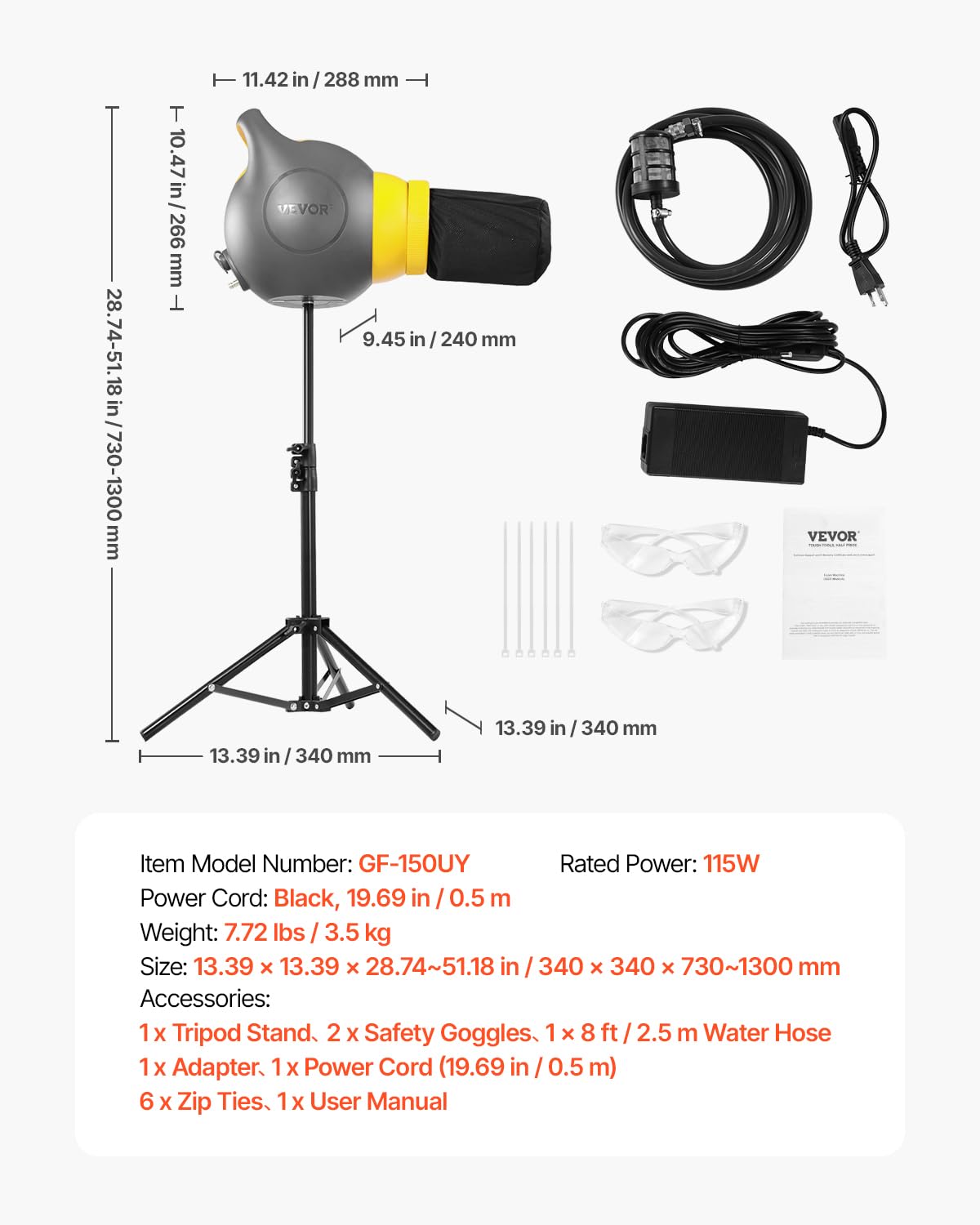 Vevor Foam Machine, 115 W Party Foam Cannon, Portable Foam Maker with Tripod Stand, Backyard, Pool, Outdoor Events, Birthdays, Celebrations, Grey and Yellow