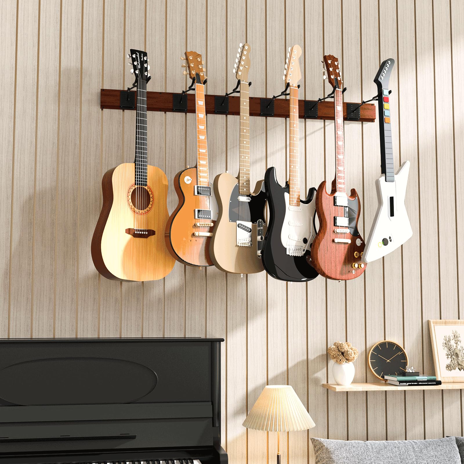 hjooytoi Guitar Wall Mount, Woodgrain Rack With 6 Adjustable Guitar Hangers, Guitar Wall Hanger With Pre-Drilled Holes, 48″ Alloy Steel Multiple Guitar Holder Stand,Brown