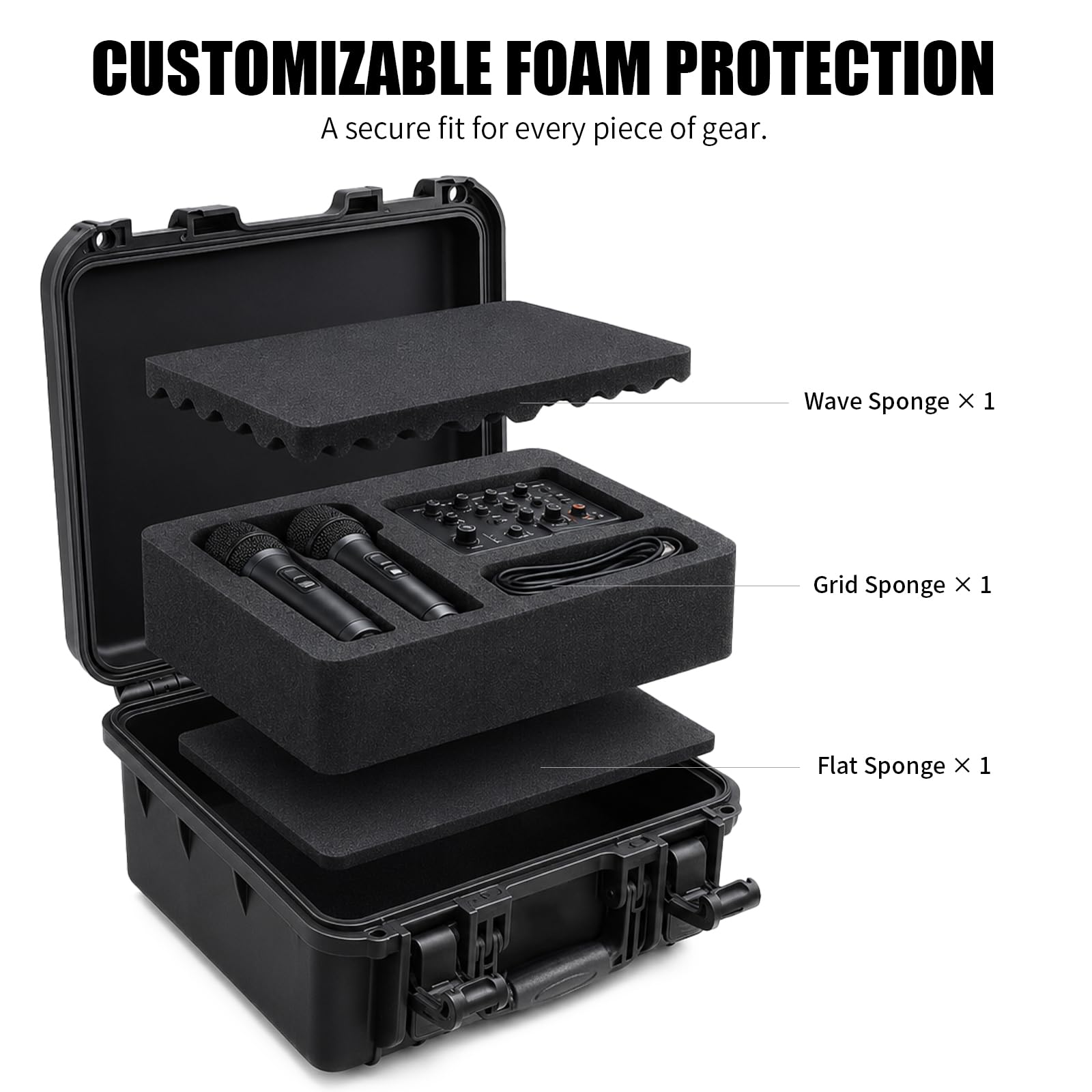 Waterproof Hard Case with Foam 16.5 x 13 x 6.9 Inch, IP67 Hard Storage Case with Customizable Foam Insert, Protective Storage Case for Microphone, Camera, Electronics, Drone, Tools & Equipment
