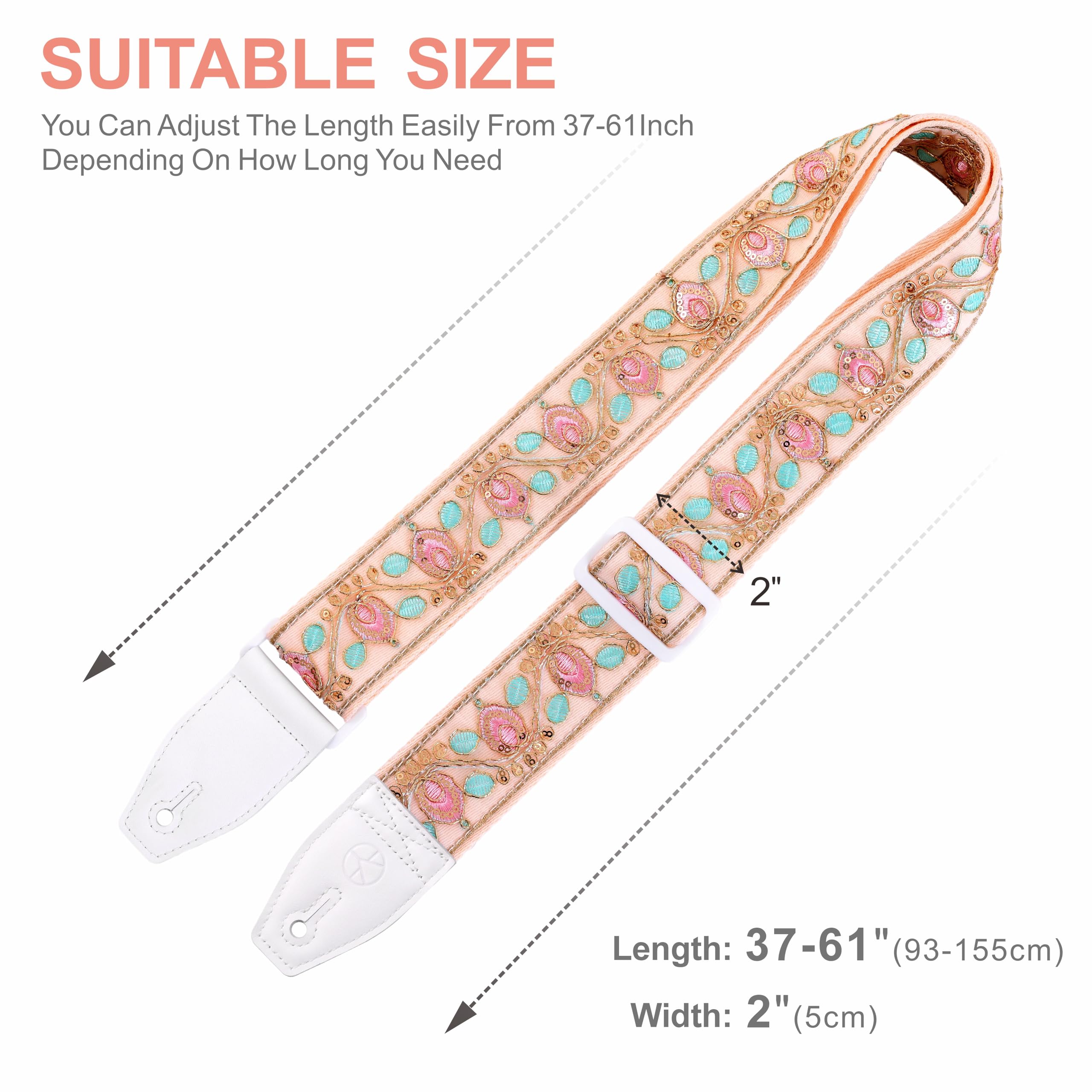 YIKOKO Guitar Strap 2 inch Lace Embroidered Floral Guitar Straps with Full Grain Leather End, for Bass, Electric and Acoustic Guitars, Free Button, Locks and Picks
