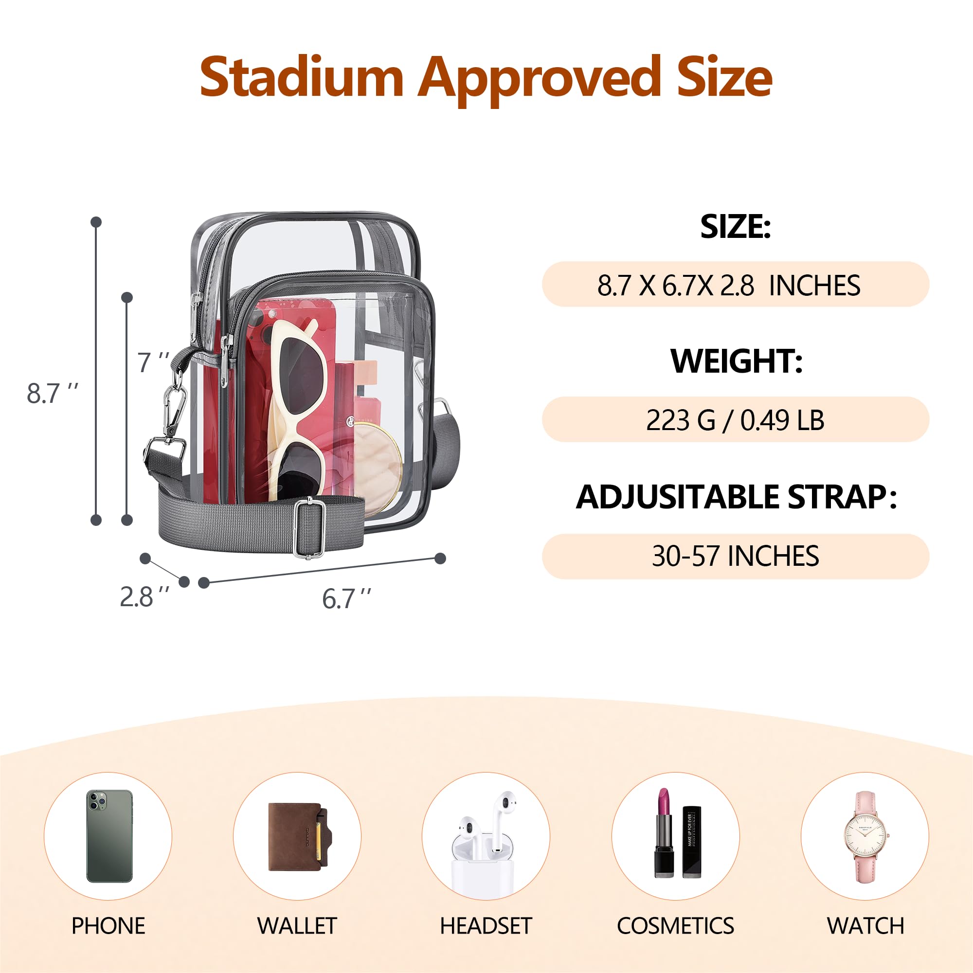 Bagenius Clear Bag for Stadium Events, Stadium Approved Clear Purse, Grey