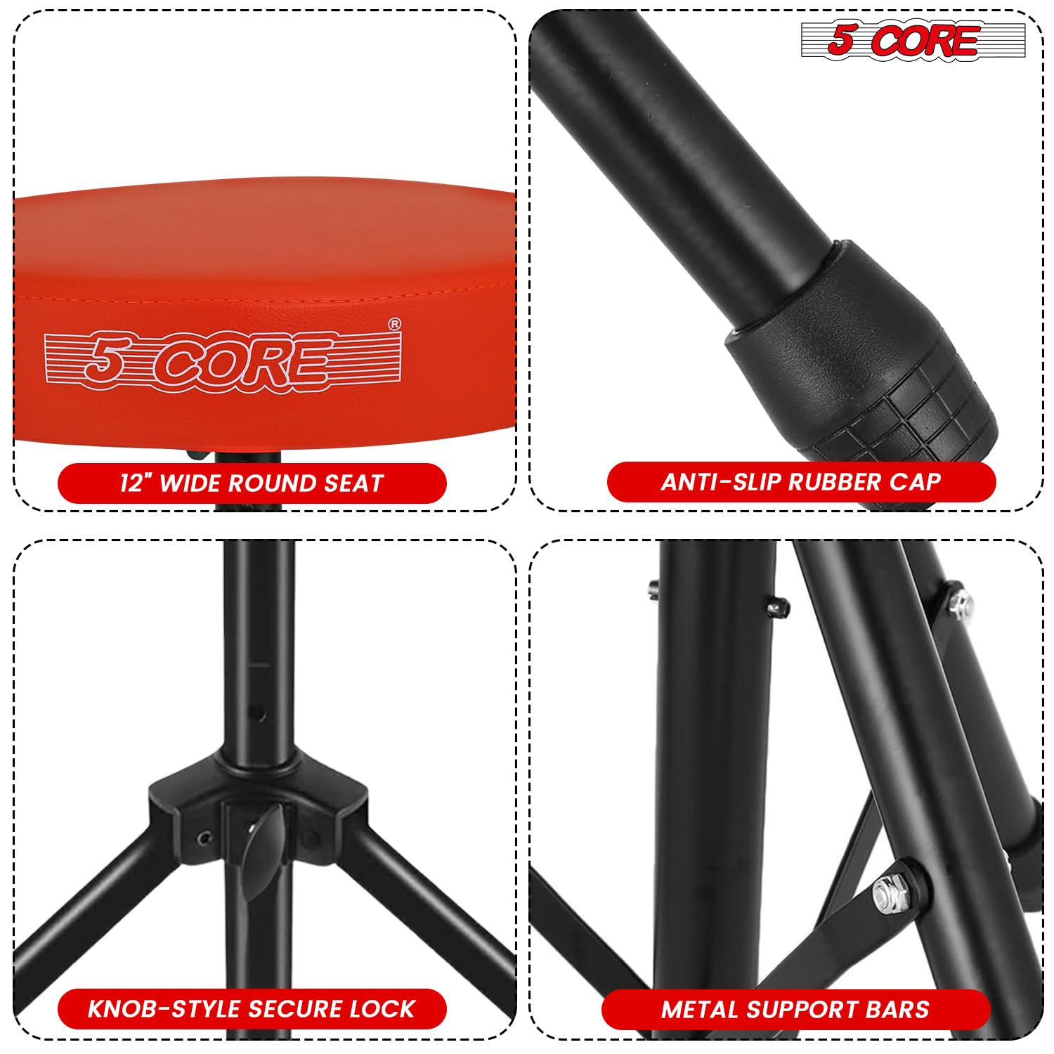 5 CORE Drum Throne Thick 3″ Padded Drum Seat Height Adjustable Drumming Stools with Anti-Slip Feet Musician Chair for Adults and Kids Drummers Orange – DS 01 ORG
