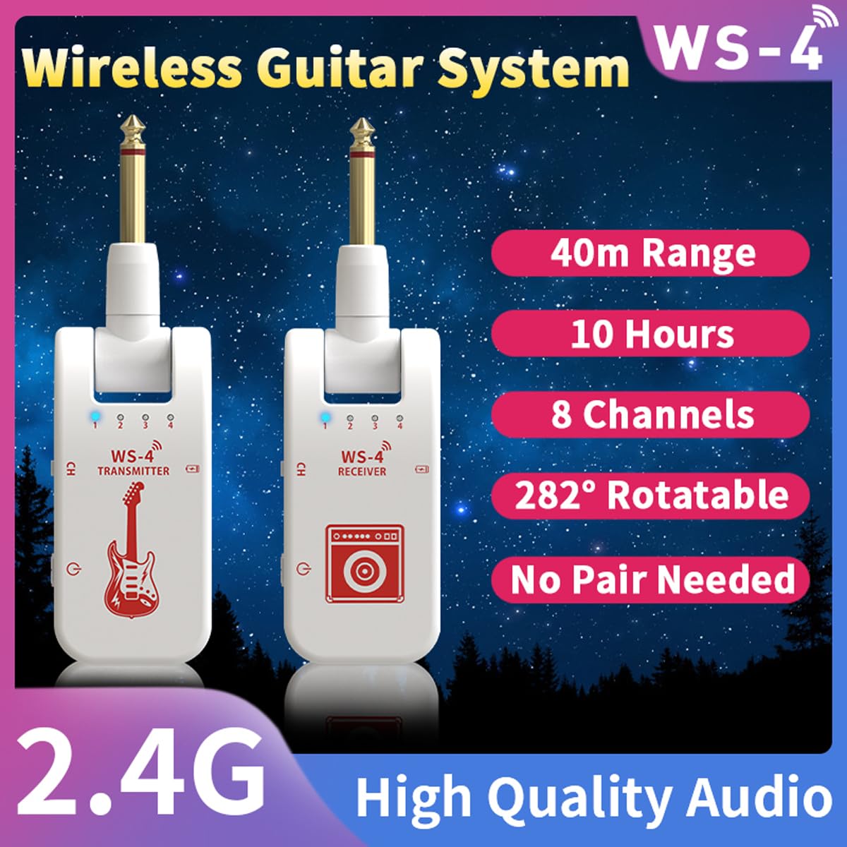 Wireless Guitar System 2.4 GHz with 8 Channels Rechargeable Audio Wireless Guitar Transmitter Receiver for Electric Guitar Bass Electric Wind Instruments,48K/16bit Real-time Transmissio (White)
