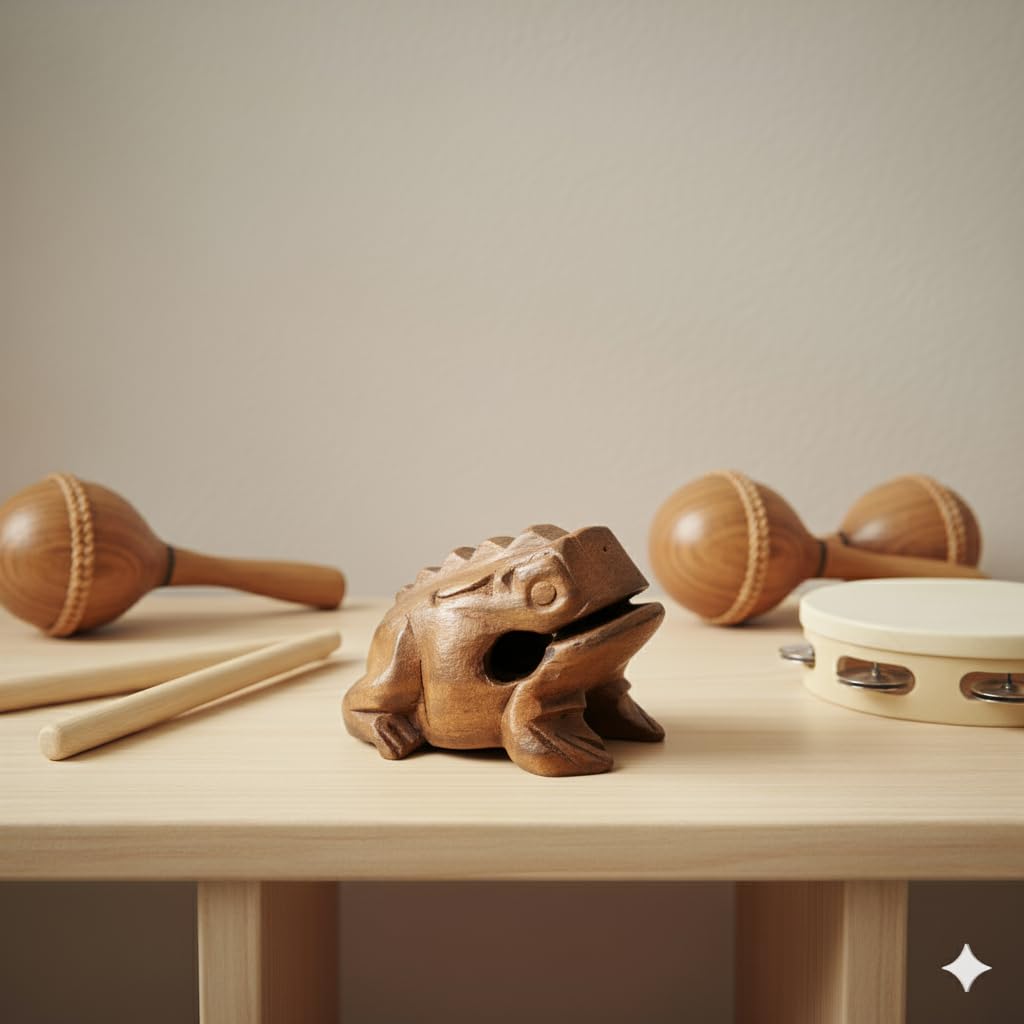 Guiro Percussion Musical Instruments Wooden 3 Piece, Set of 3 Natural Wood Güiro Frog 10-8-5 cm.